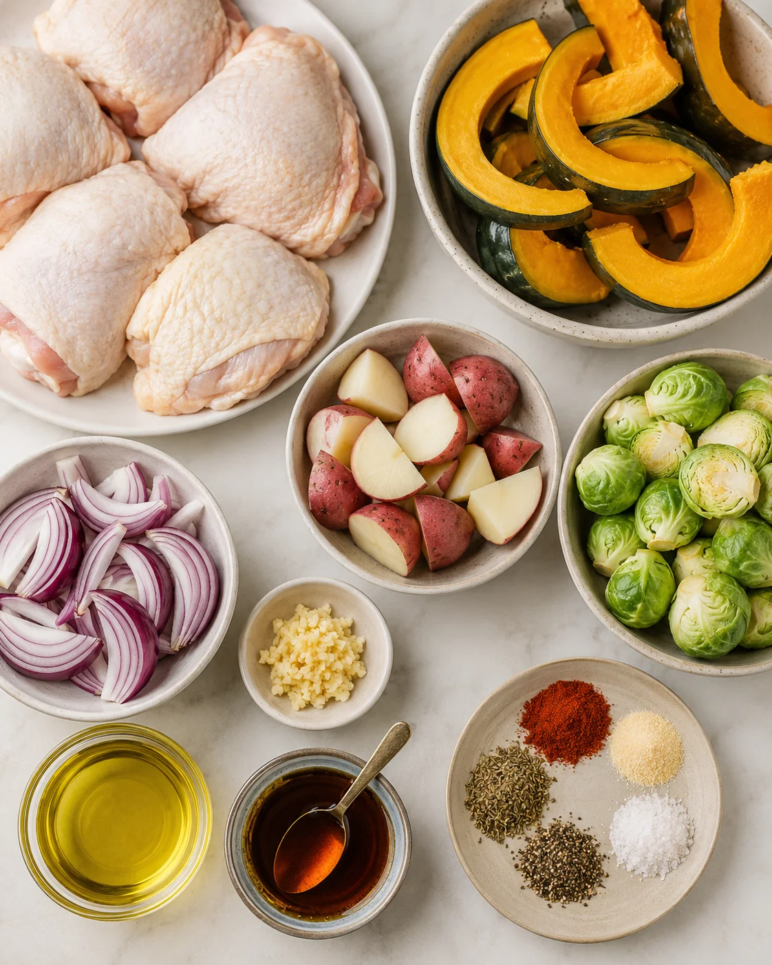 Fresh ingredients for sheet pan chicken and vegetables on a light surface.