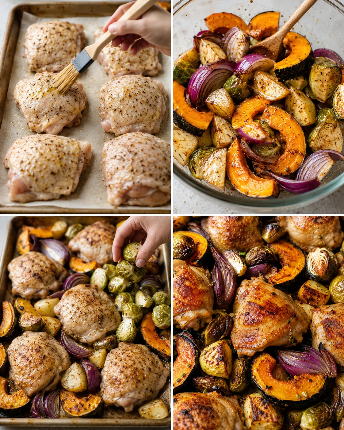 Roasting chicken thighs with seasoned vegetables on a single sheet pan.