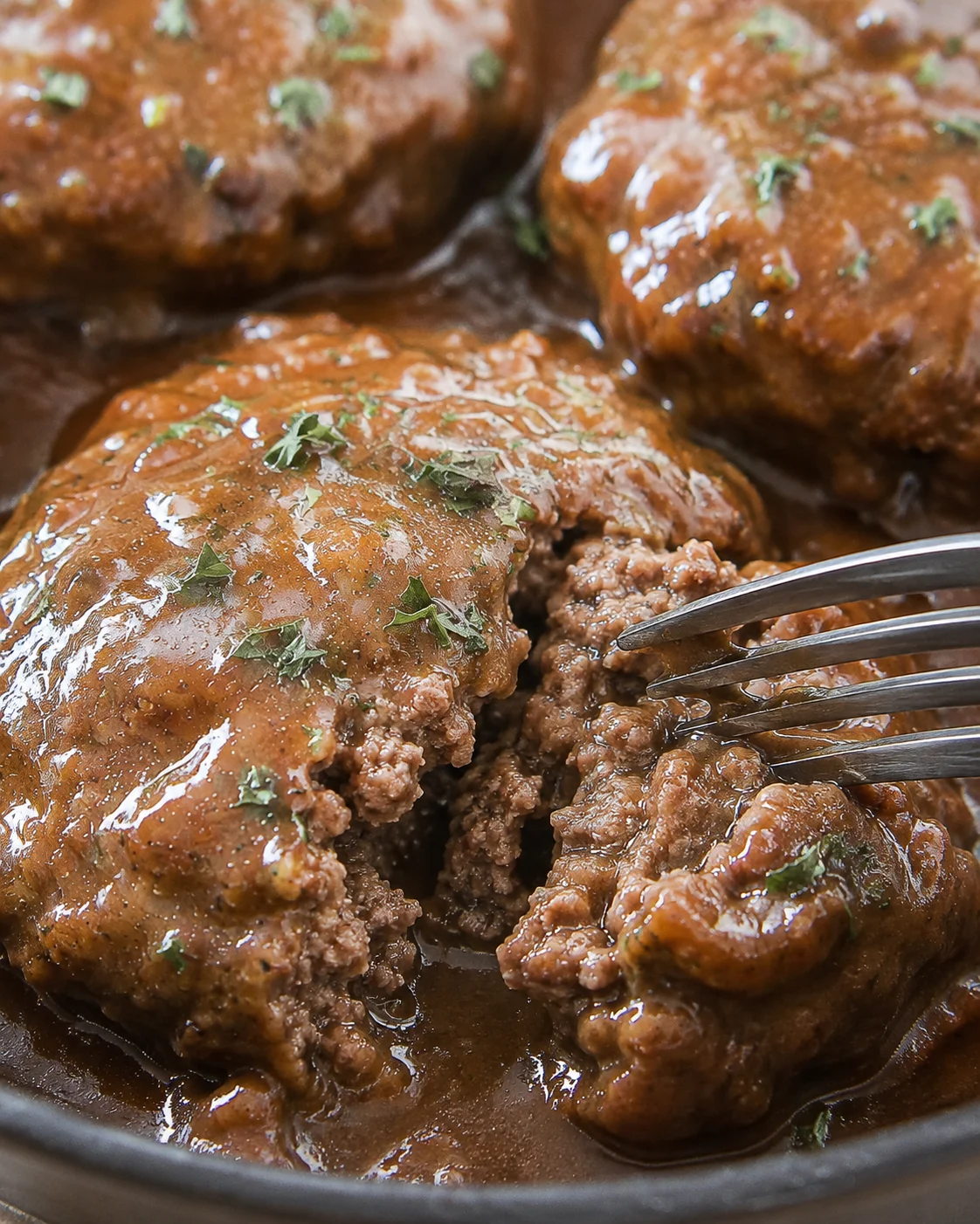 Close-up of savory Salisbury steaks with rich gravy garnished with herbs