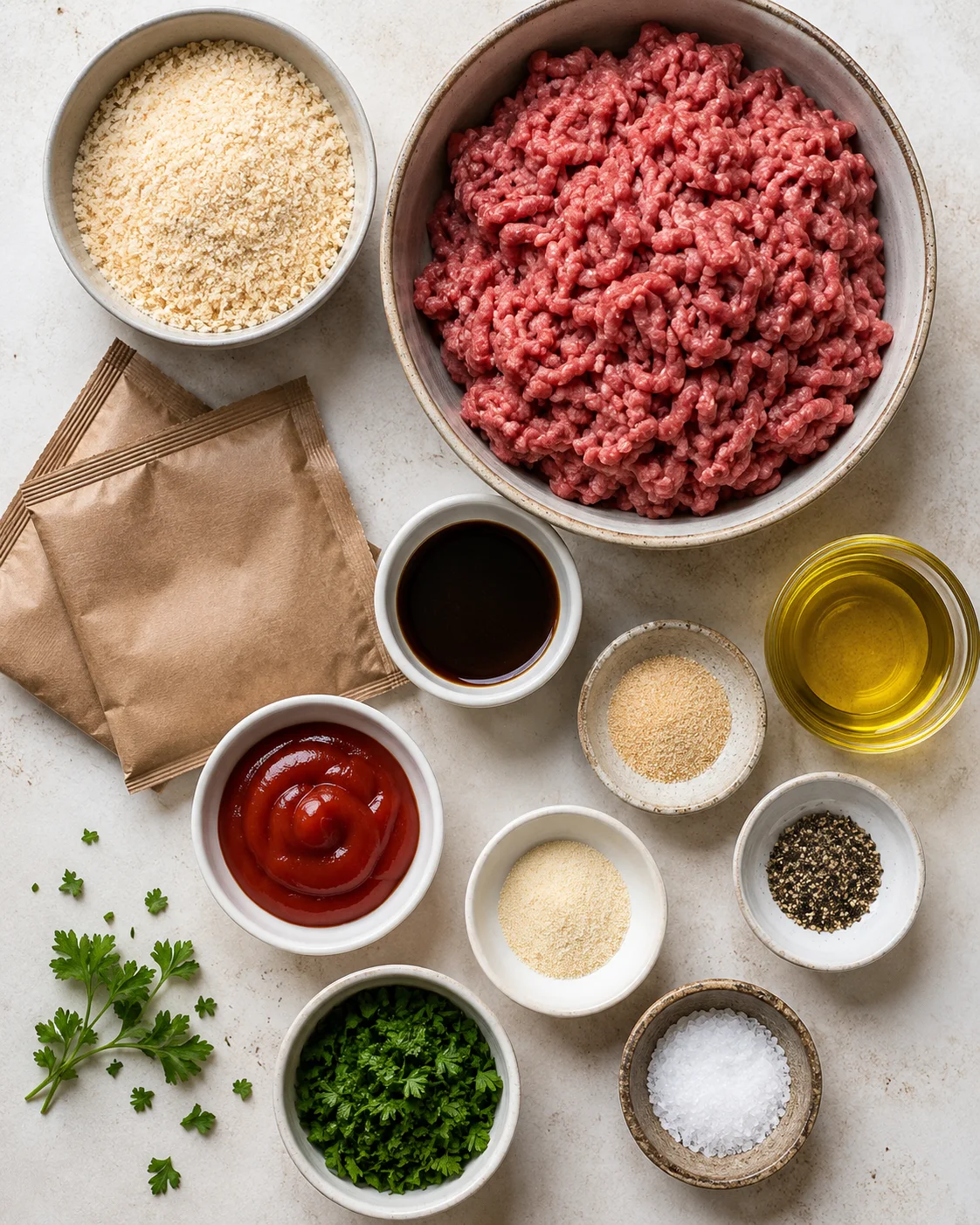Assorted ingredients for Salisbury steak including ground beef, breadcrumbs, and seasonings.