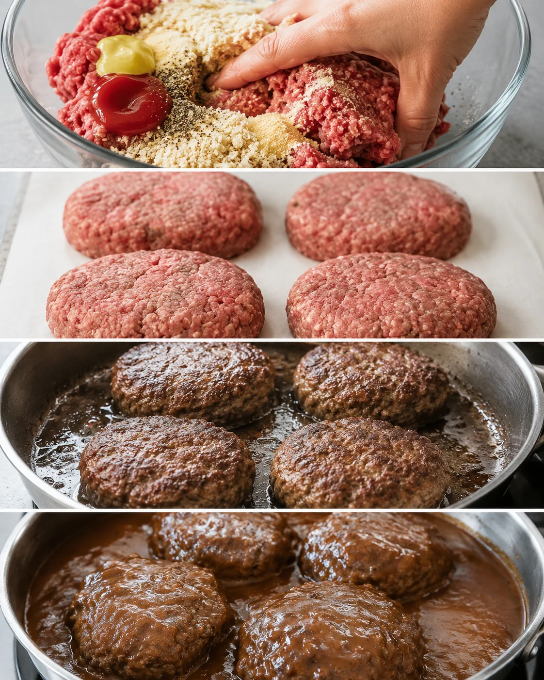 Cooking Salisbury steak patties in a skillet with gravy served fresh.