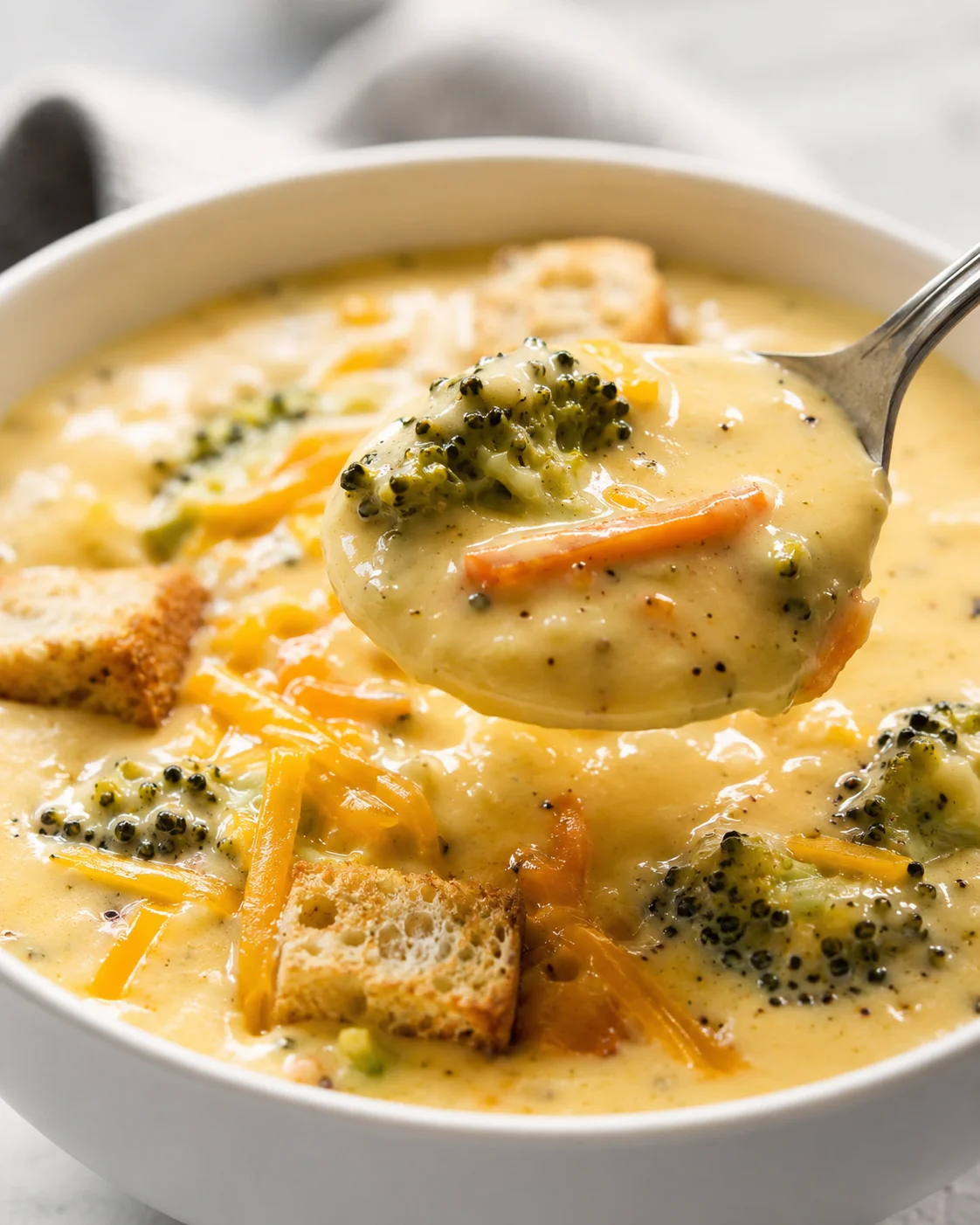 Rich, creamy broccoli cheddar soup served in a bowl with a spoonful held up.
