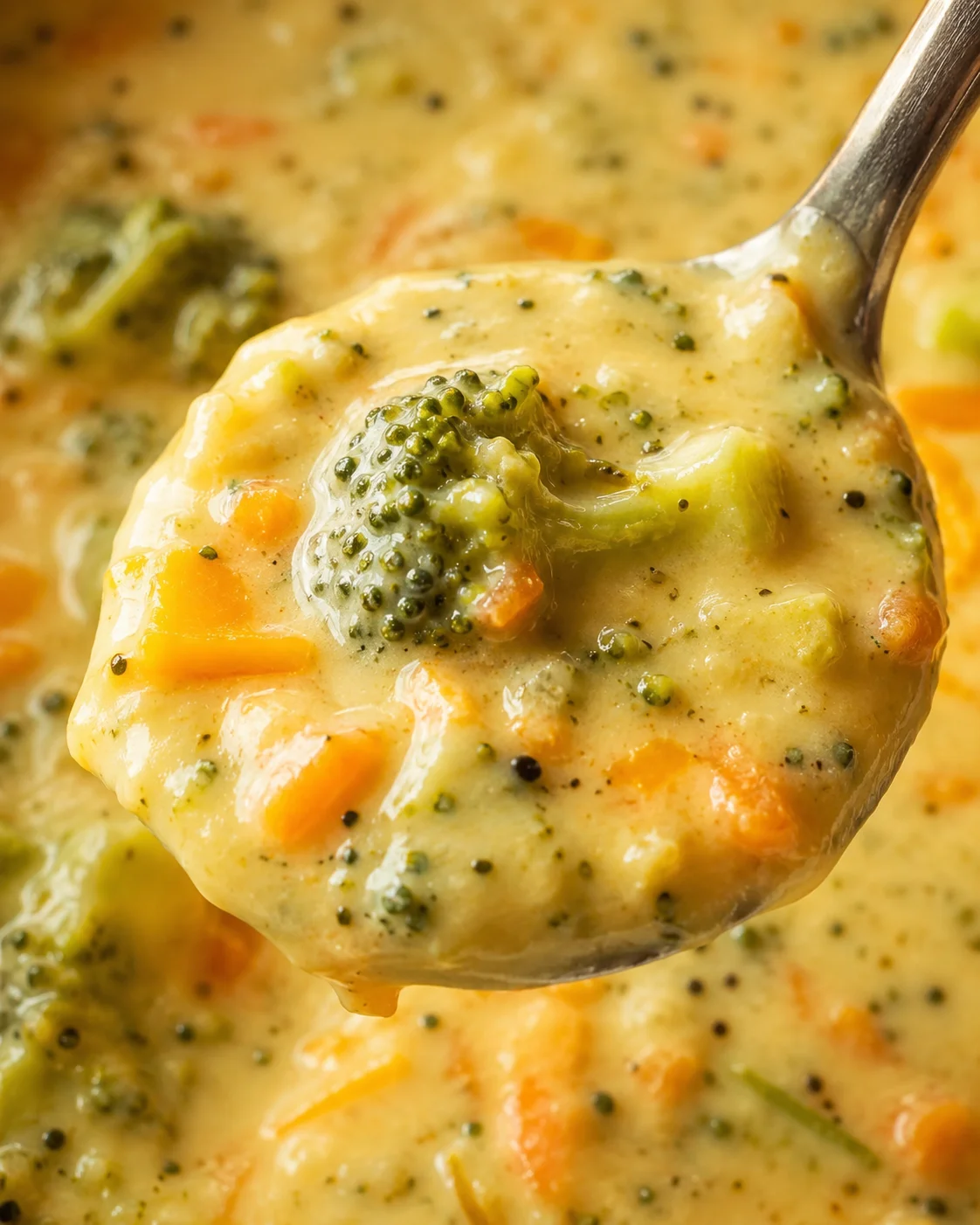 Close-up of a spoonful of rich broccoli cheddar soup with vegetables and cheese