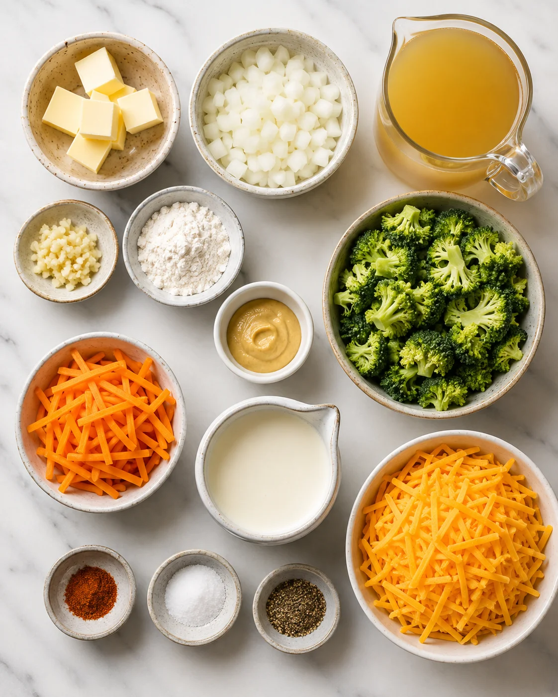 Ingredients for creamy broccoli cheddar soup with cheese, broccoli, and seasonings.