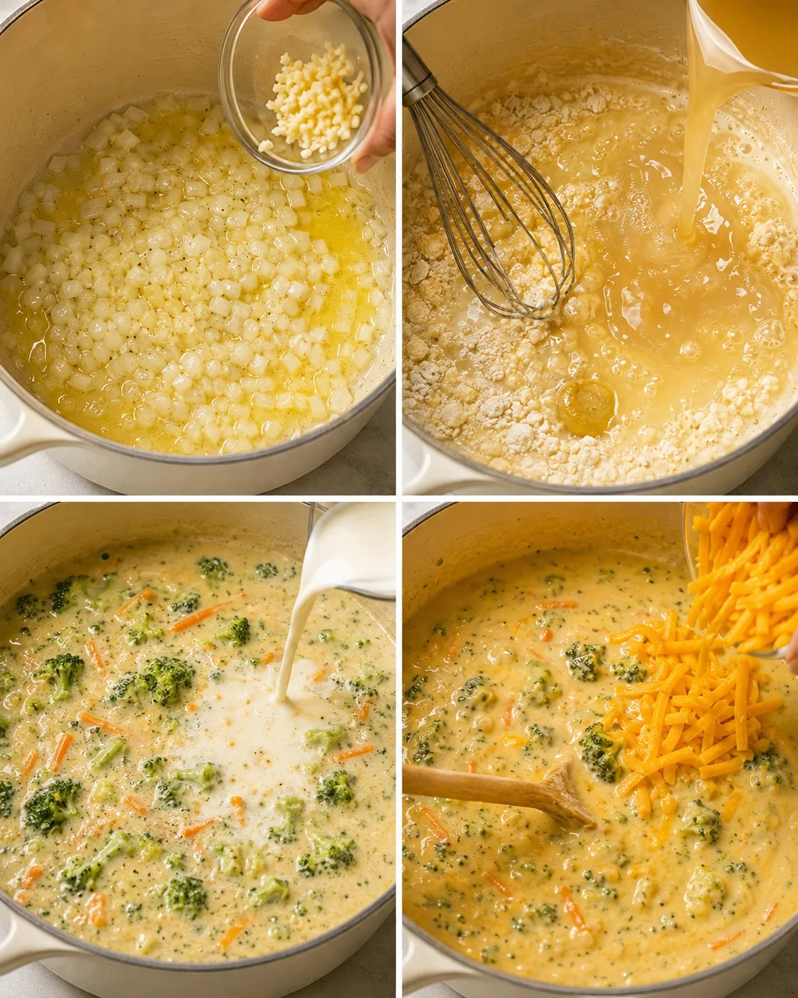 Step-by-step images of making rich broccoli cheddar soup at home