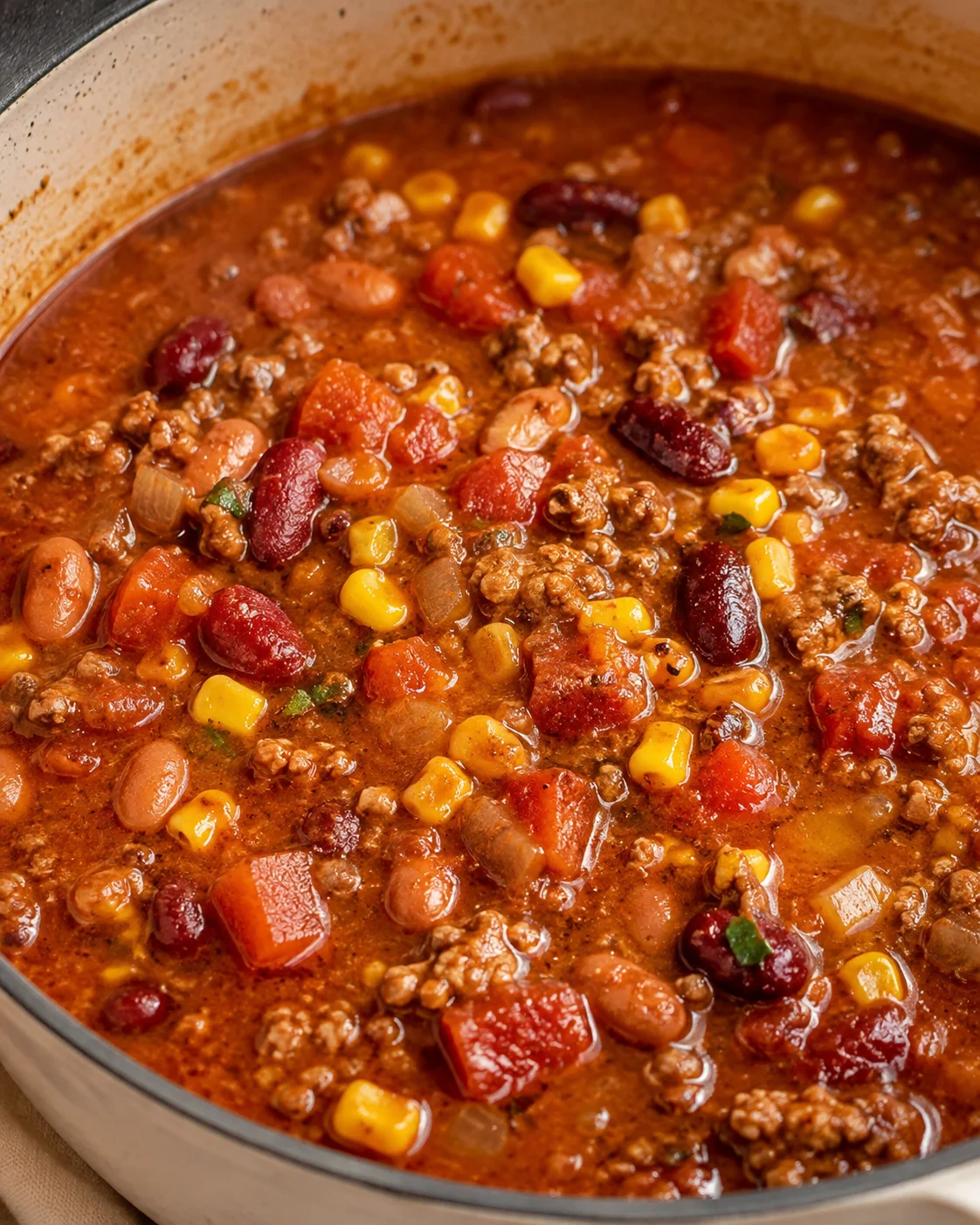 Hearty and flavorful taco soup with ground beef, beans, and veggies in a pot