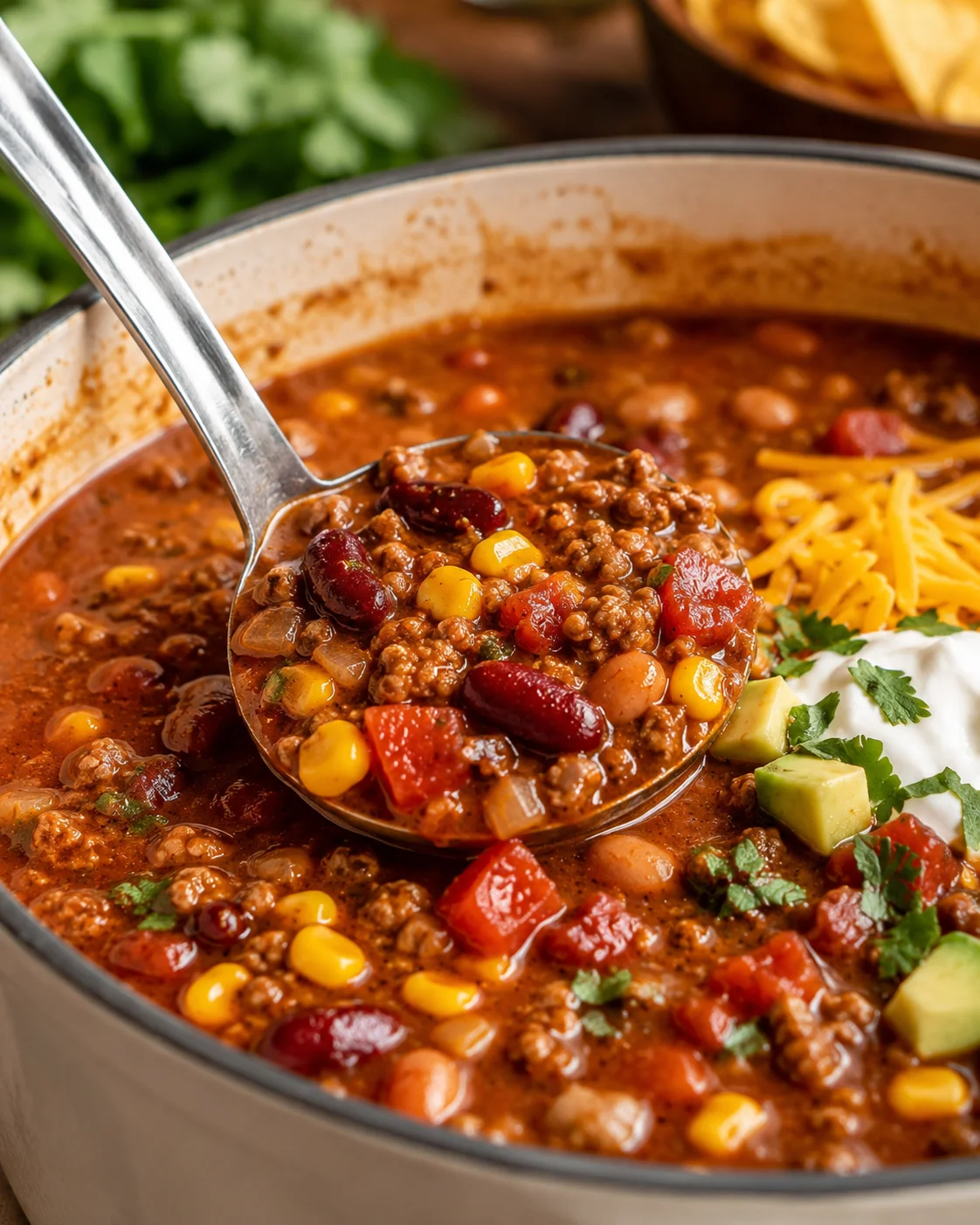 A hearty bowl of flavorful taco soup with beans, ground beef, and toppings.