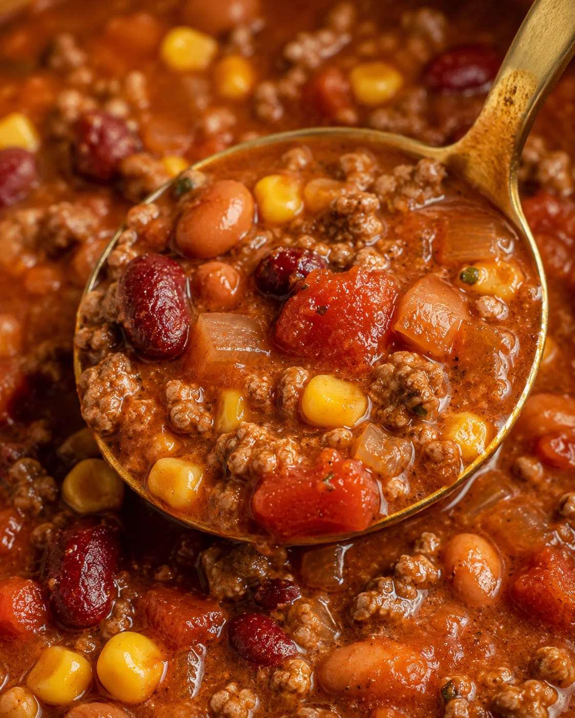 Hearty bowl of taco soup with beans, ground beef, and vegetables in a spoon
