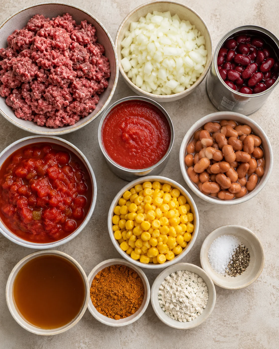 Assorted bowls with ground beef, beans, vegetables, and seasonings for taco soup