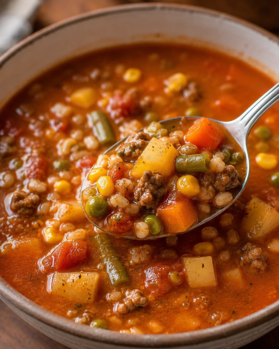 A warm bowl of vegetable beef soup filled with potatoes, carrots, and ground beef.