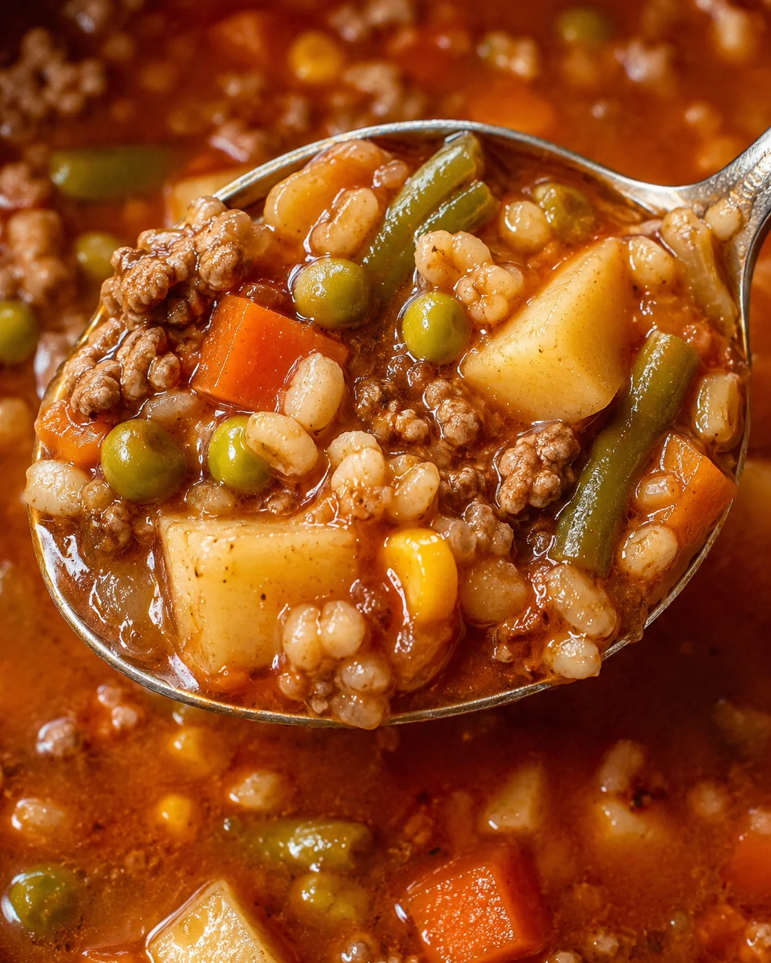 Close-up of a spoonful of vegetable beef soup with potatoes, carrots, and peas.