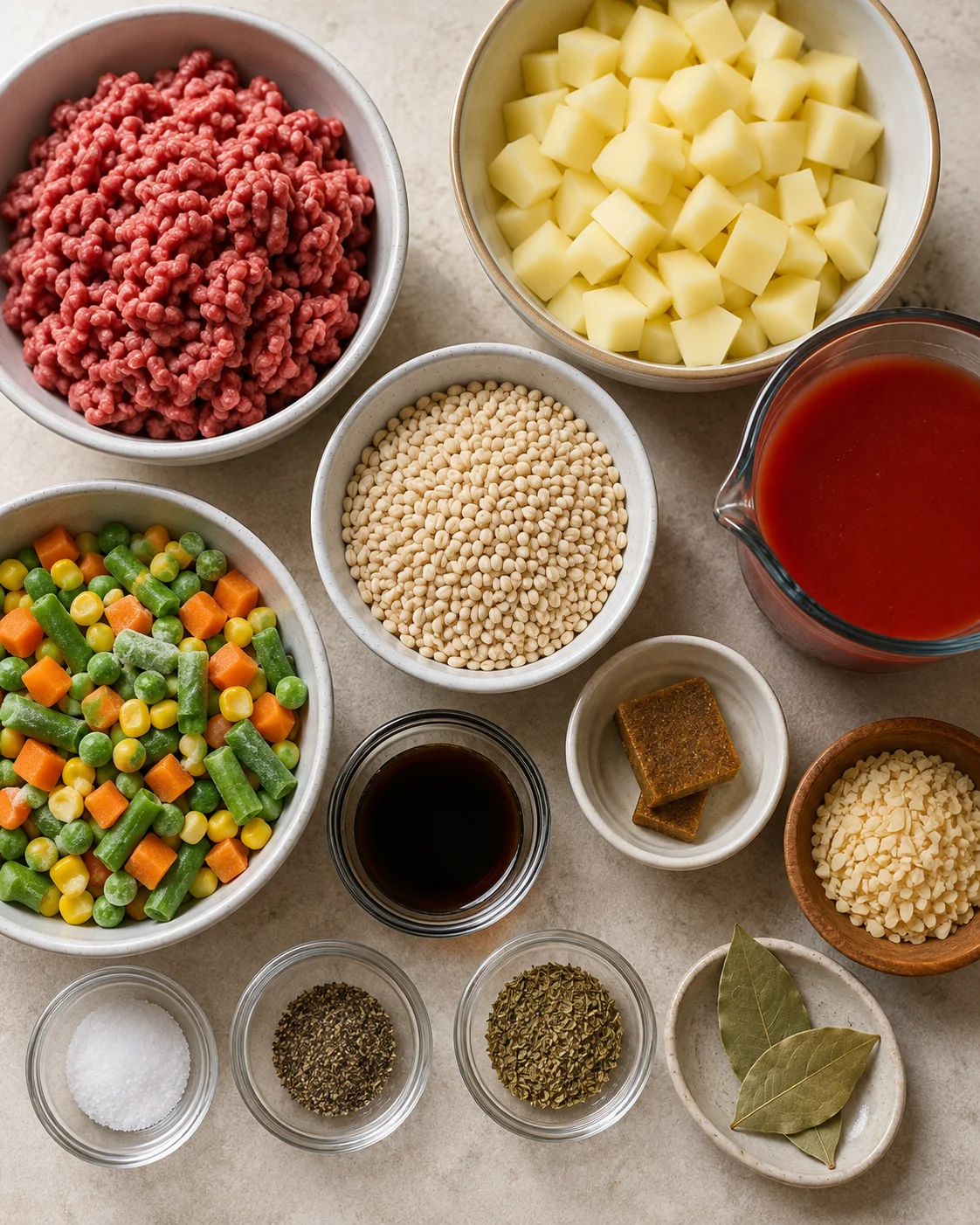 Bowl of ground beef, diced potatoes, vegetables, and broth ingredients ready to cook.