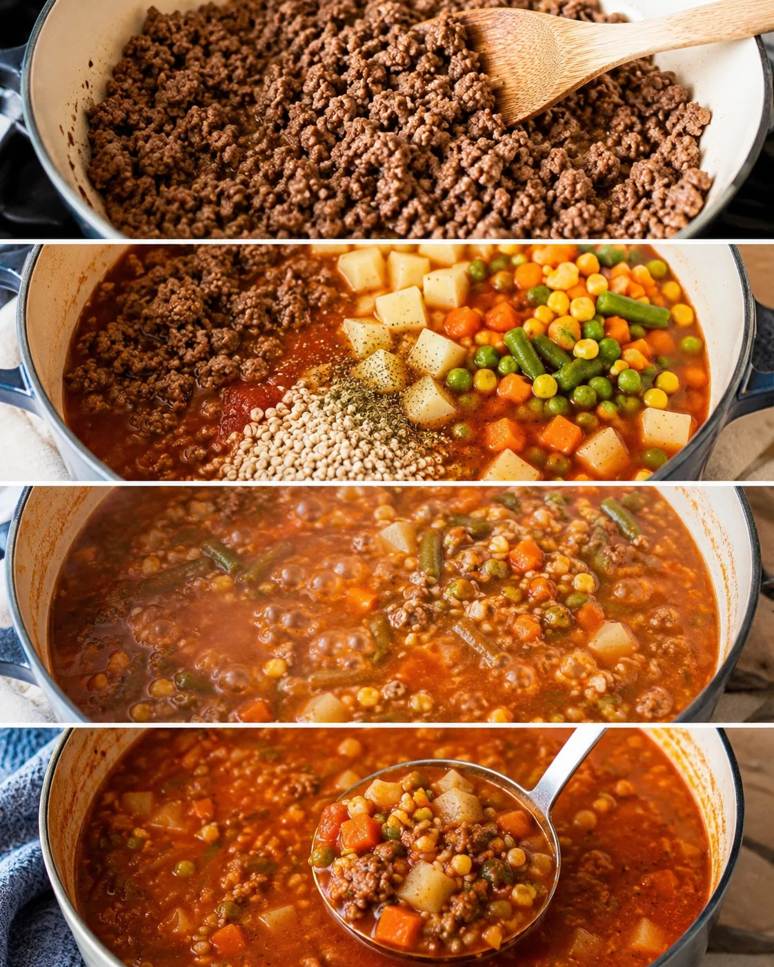 Close-up of ground beef cooking, then mixed with vegetables and broth in a pot.