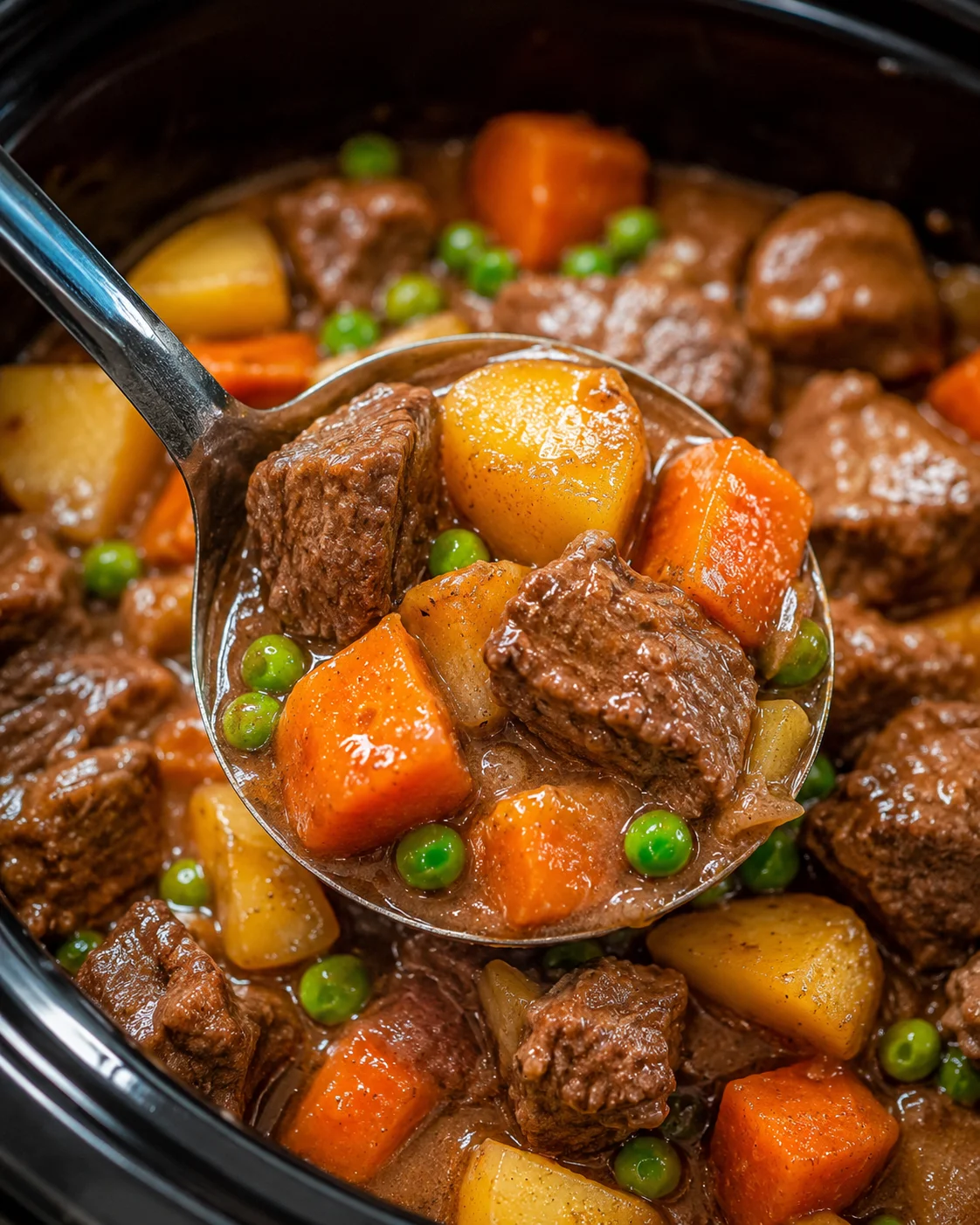 Close-up of hearty beef stew with vegetables in a slow cooker.