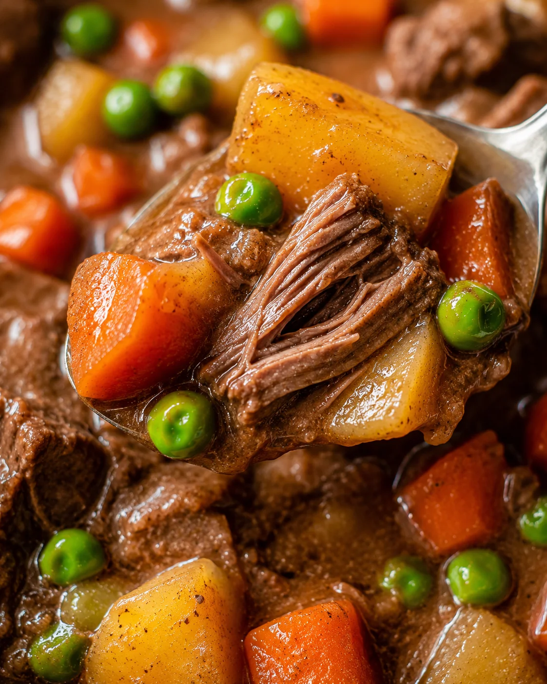 Close-up of tender beef stew with potatoes, carrots, and peas in a crockpot