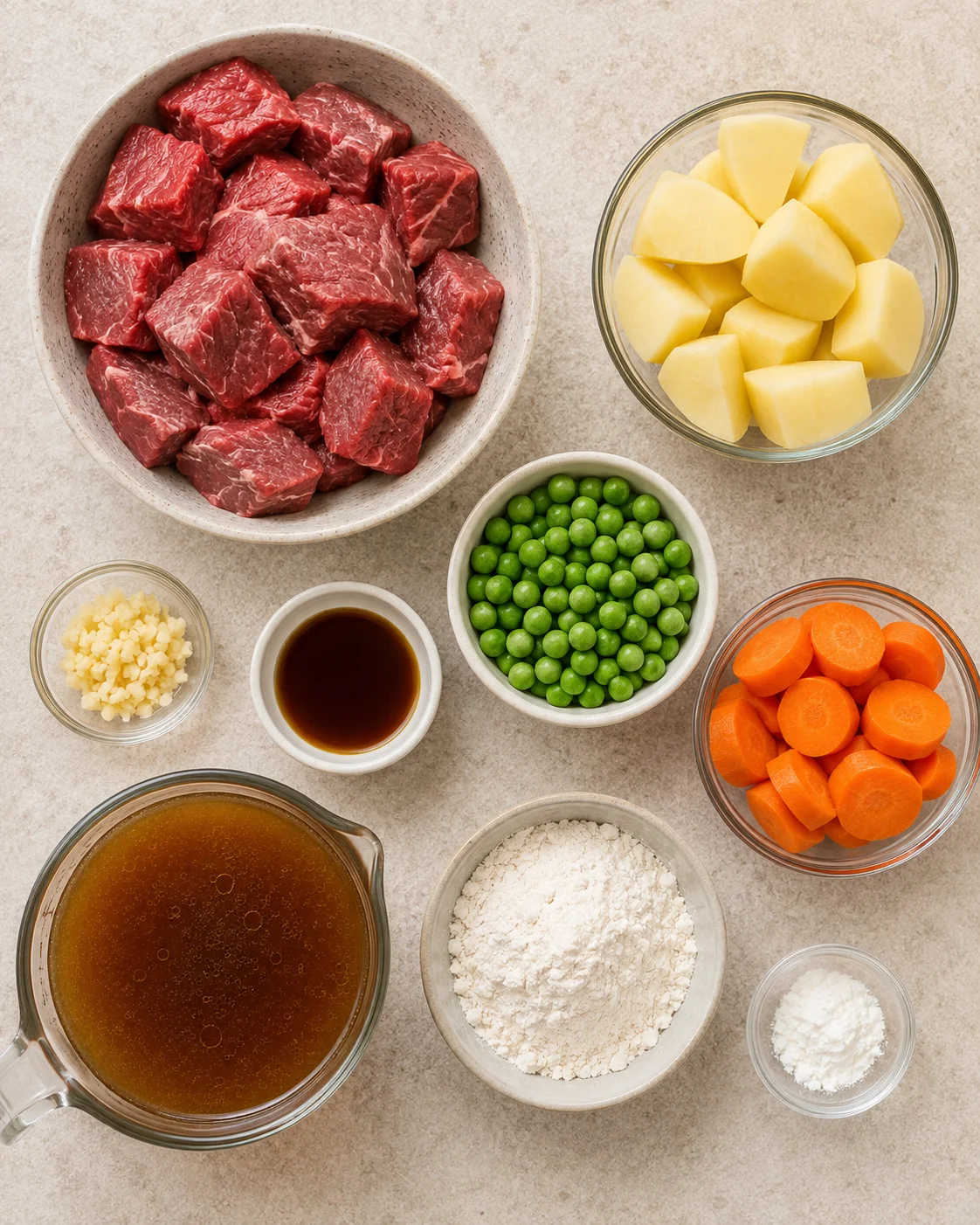 Assorted raw ingredients including beef, potatoes, carrots, peas, and broth for stew.