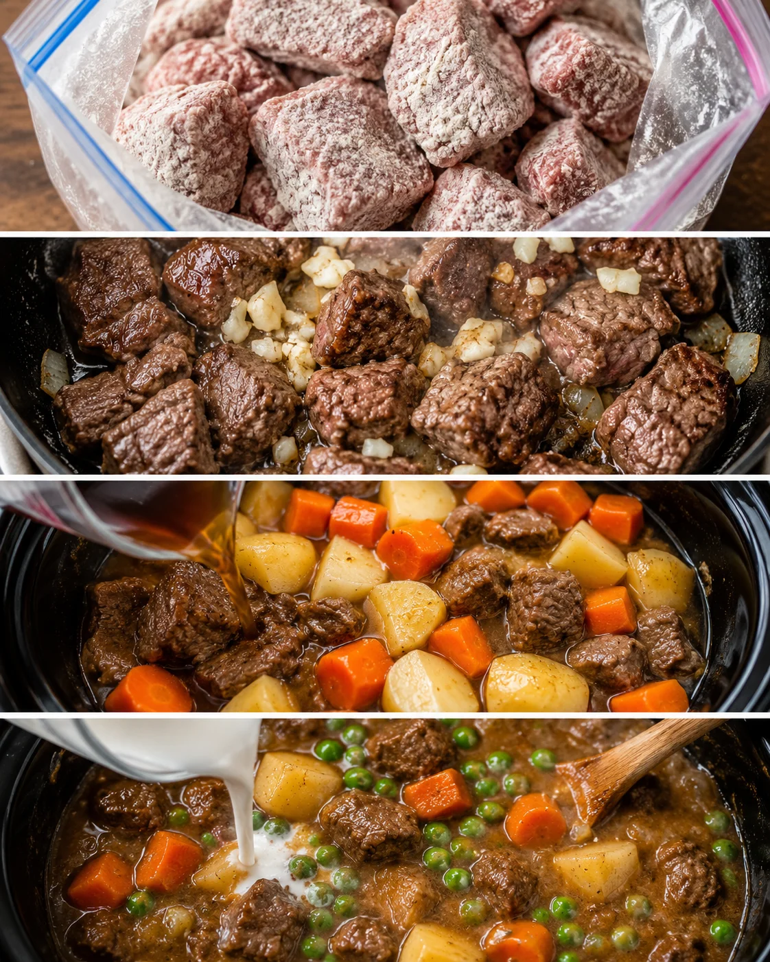 Step-by-step images of preparing beef stew with meat, vegetables, and broth.