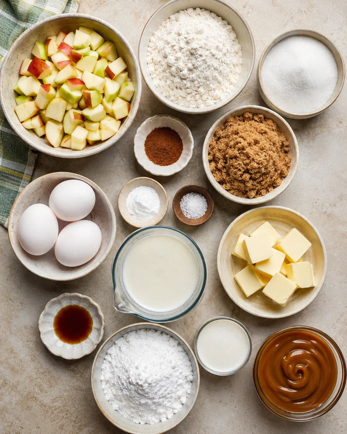 Preparation ingredients for caramel apple sheet cake in bowls and measuring cups.
