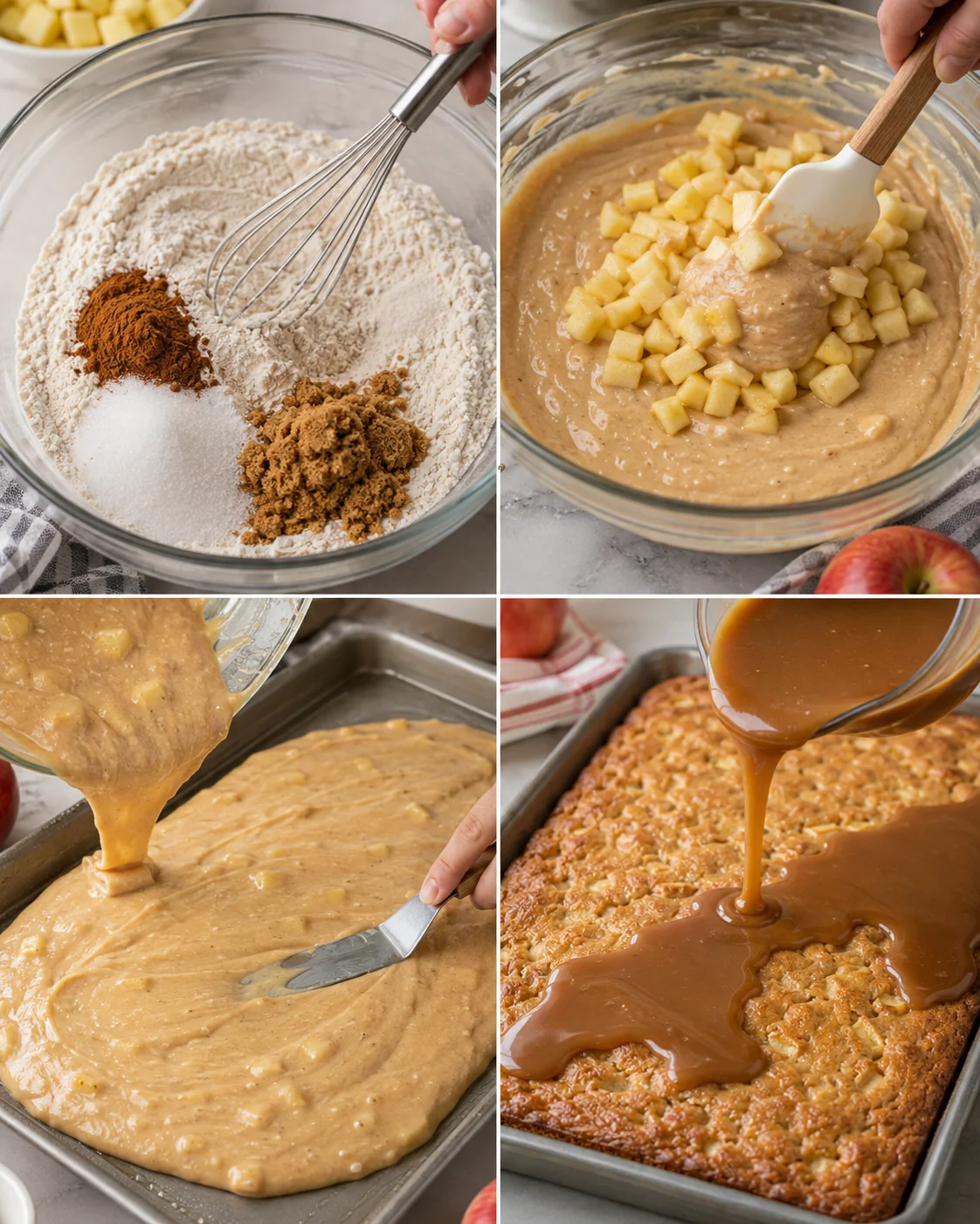 Step-by-step images of mixing dry ingredients, adding apples, and pouring caramel glaze.