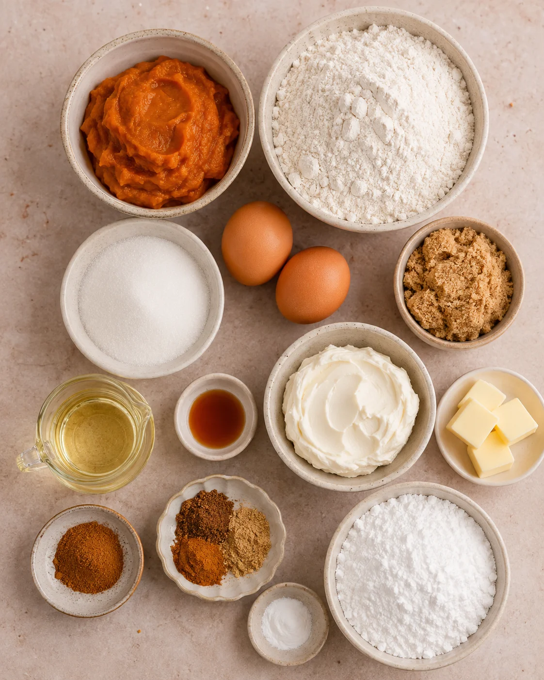 A variety of ingredients including pumpkin, eggs, spices, and cream cheese for baking