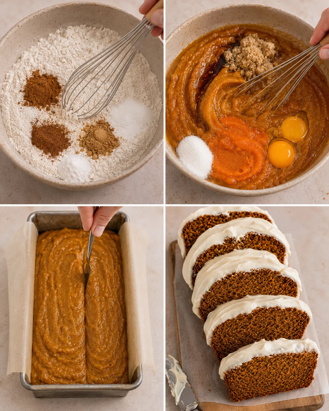 Slices of moist pumpkin bread topped with tangy cream cheese frosting.