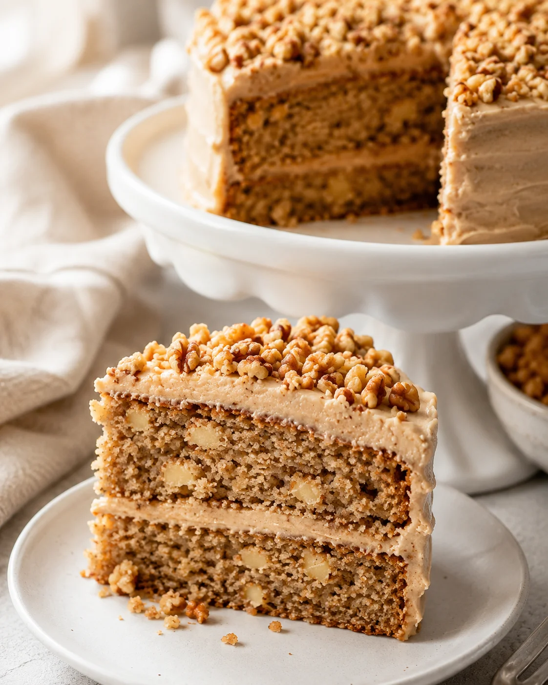 Slice of moist apple spice cake with walnuts and cream cheese frosting