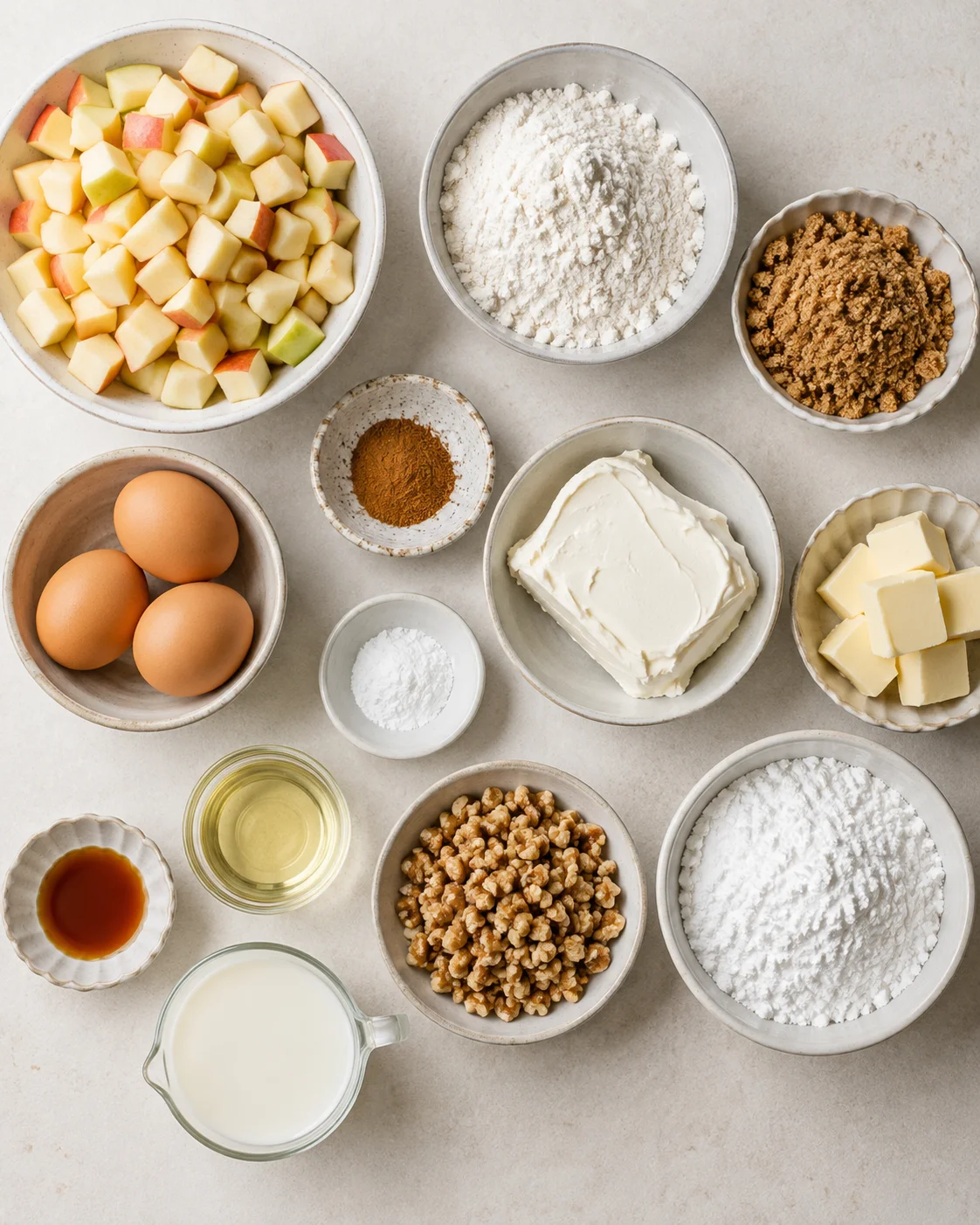 Assorted bowls of ingredients including chopped apples, flour, eggs, and spices for apple spice cake.