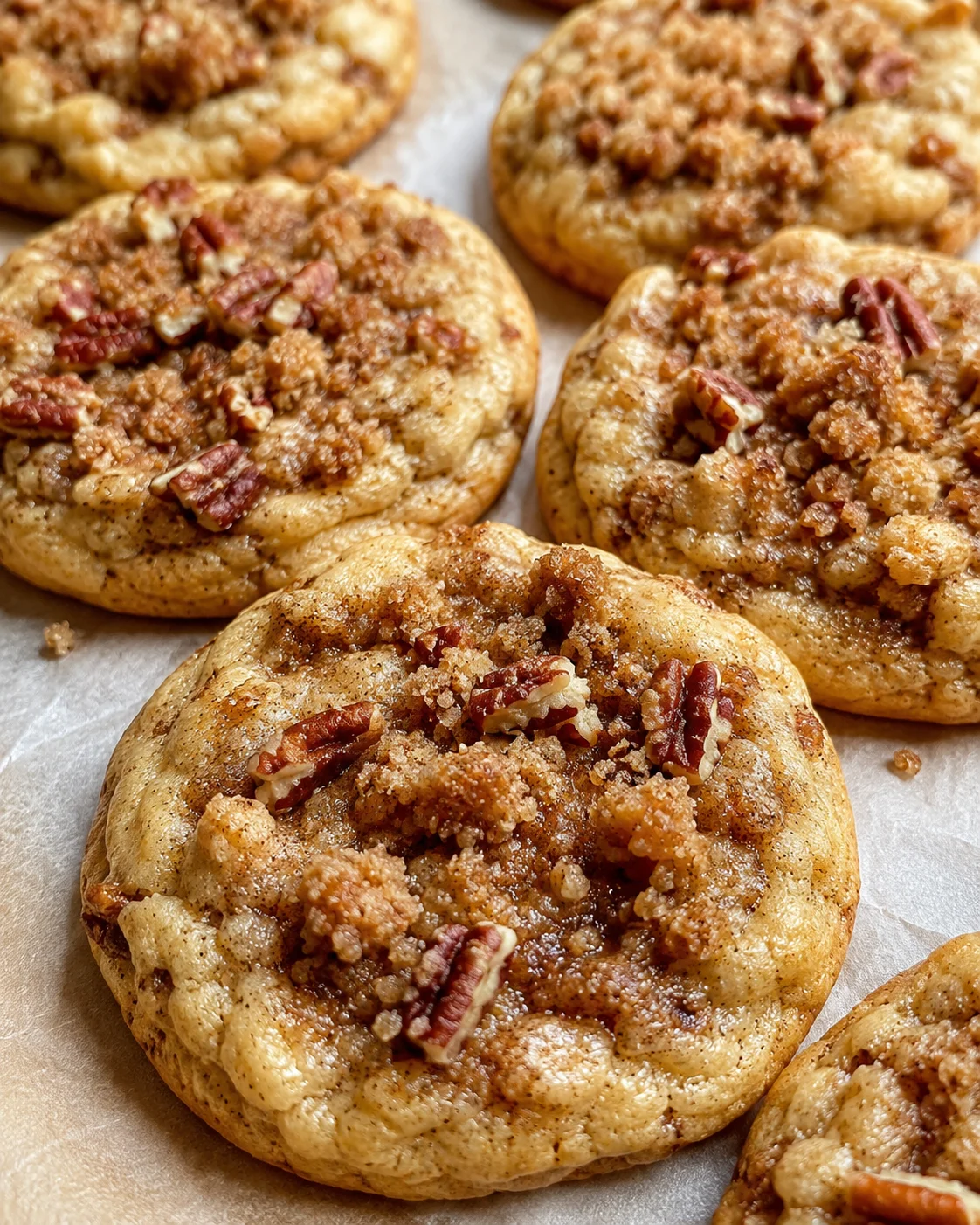 Delicious soft cookies topped with maple pecan crumble and cinnamon sugar swirl