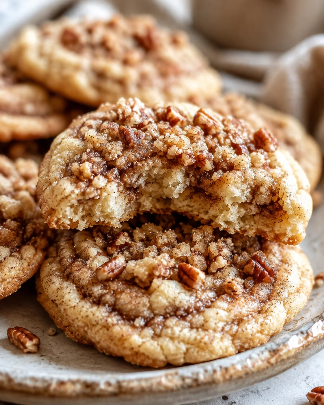 Close-up of soft, chewy maple pecan crumble cookies with crunchy topping.