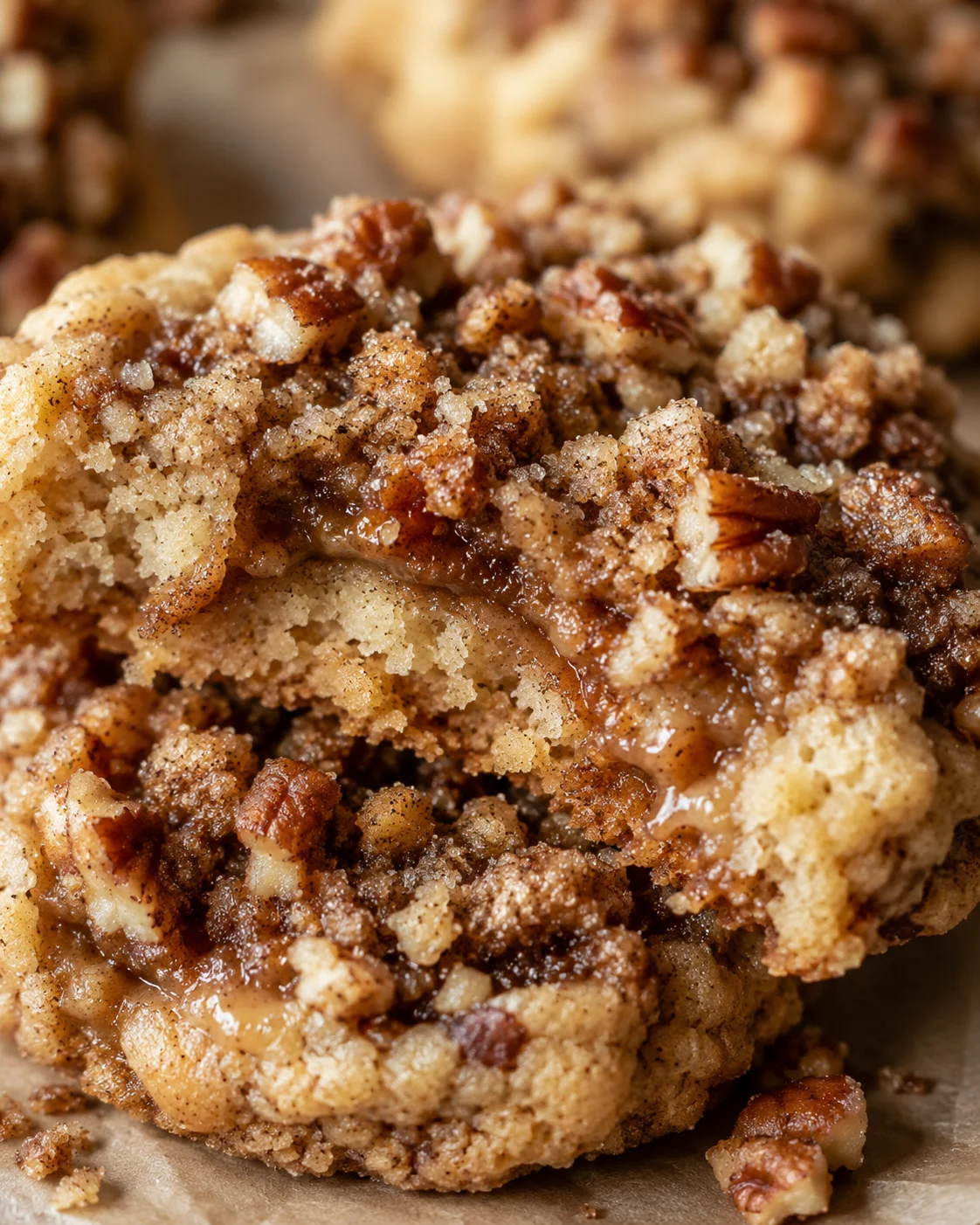 Close-up of soft, chewy maple pecan crumble cookies with crunchy topping.