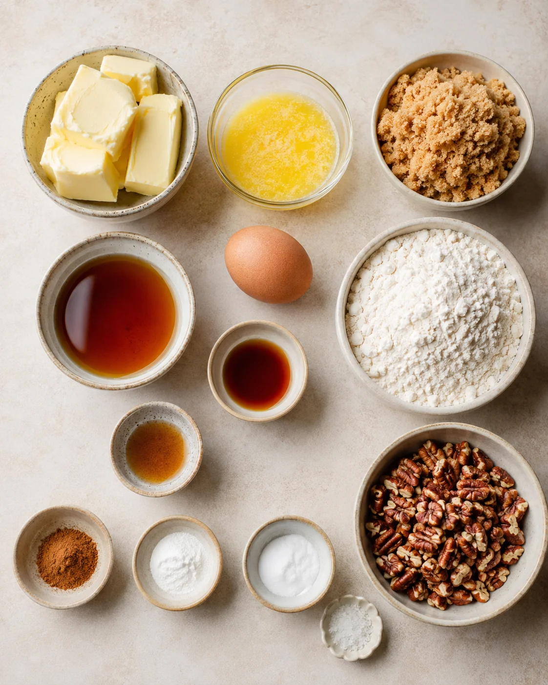 A collection of ingredients including butter, sugar, flour, eggs, and pecans for cookies.