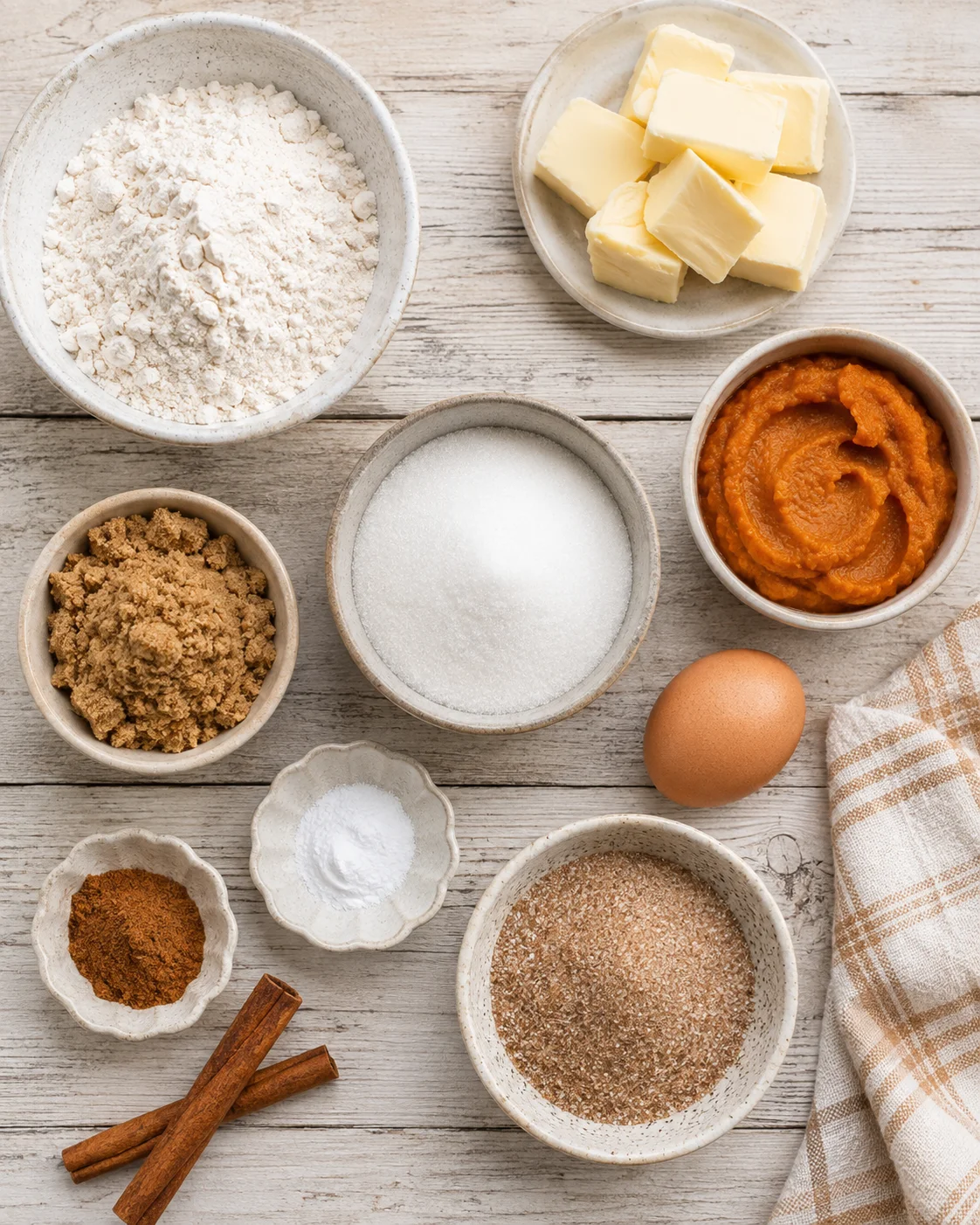 Ingredients for soft and chewy pumpkin snickerdoodle cookies displayed on a rustic wooden surface.
