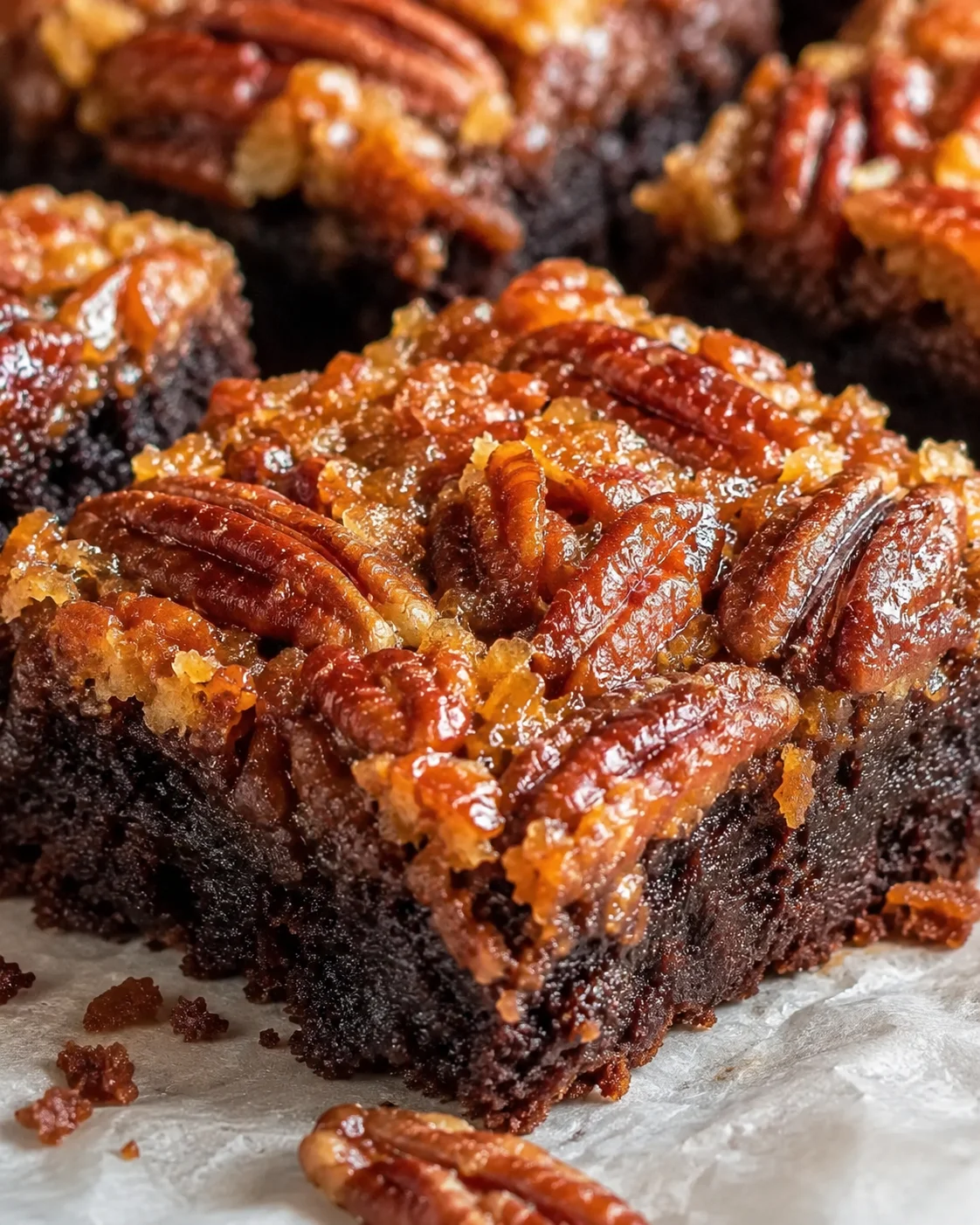Close-up of rich pecan pie brownies topped with glazed pecans.