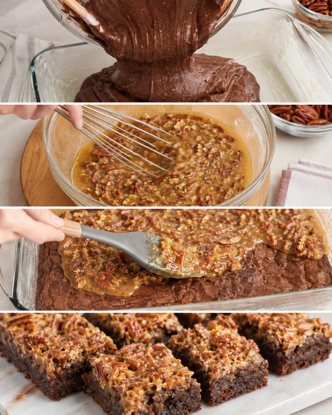 Fudgy chocolate brownies topped with a caramelized pecan pie layer.