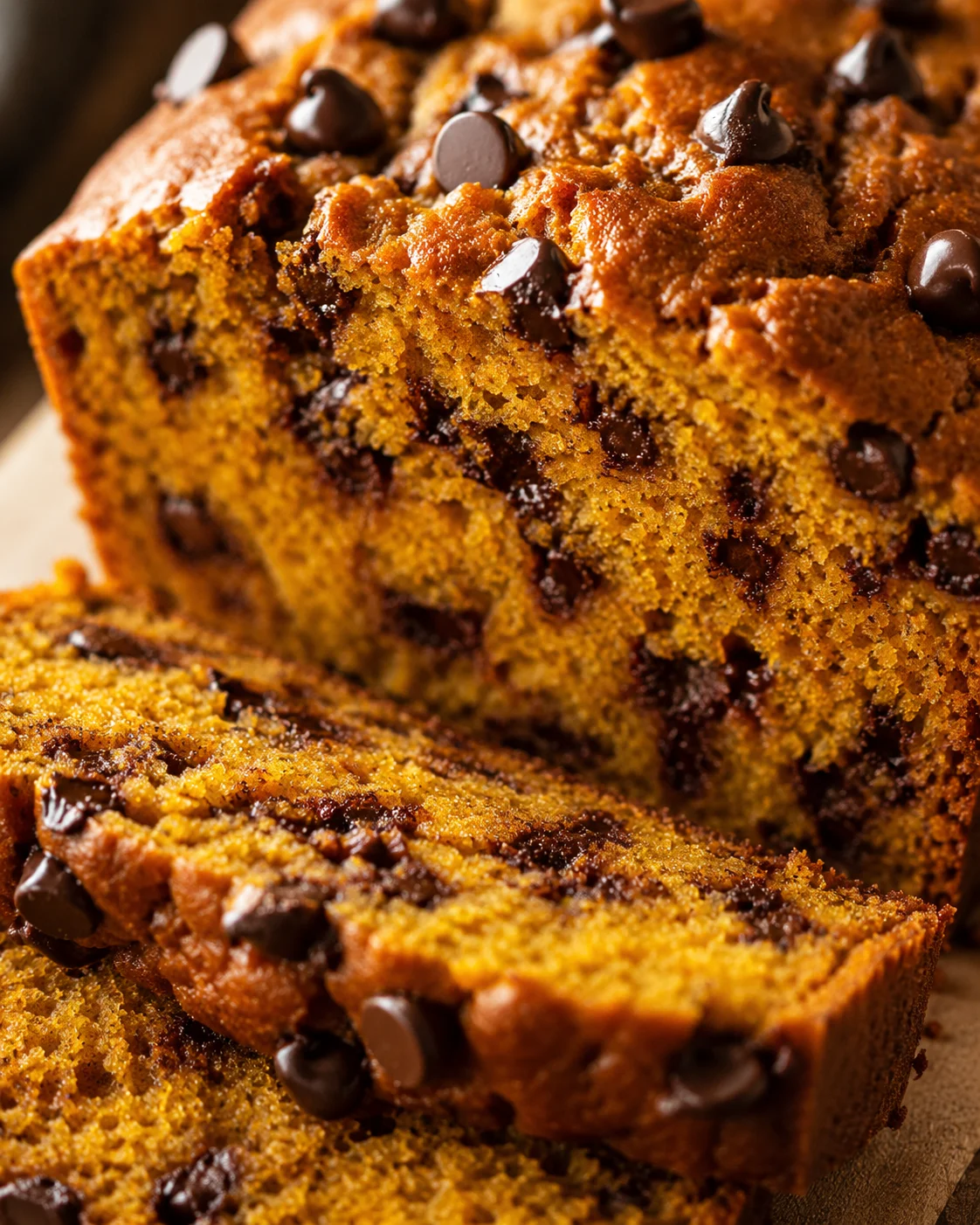 Close-up of moist pumpkin bread with chocolate chips and warm spices.