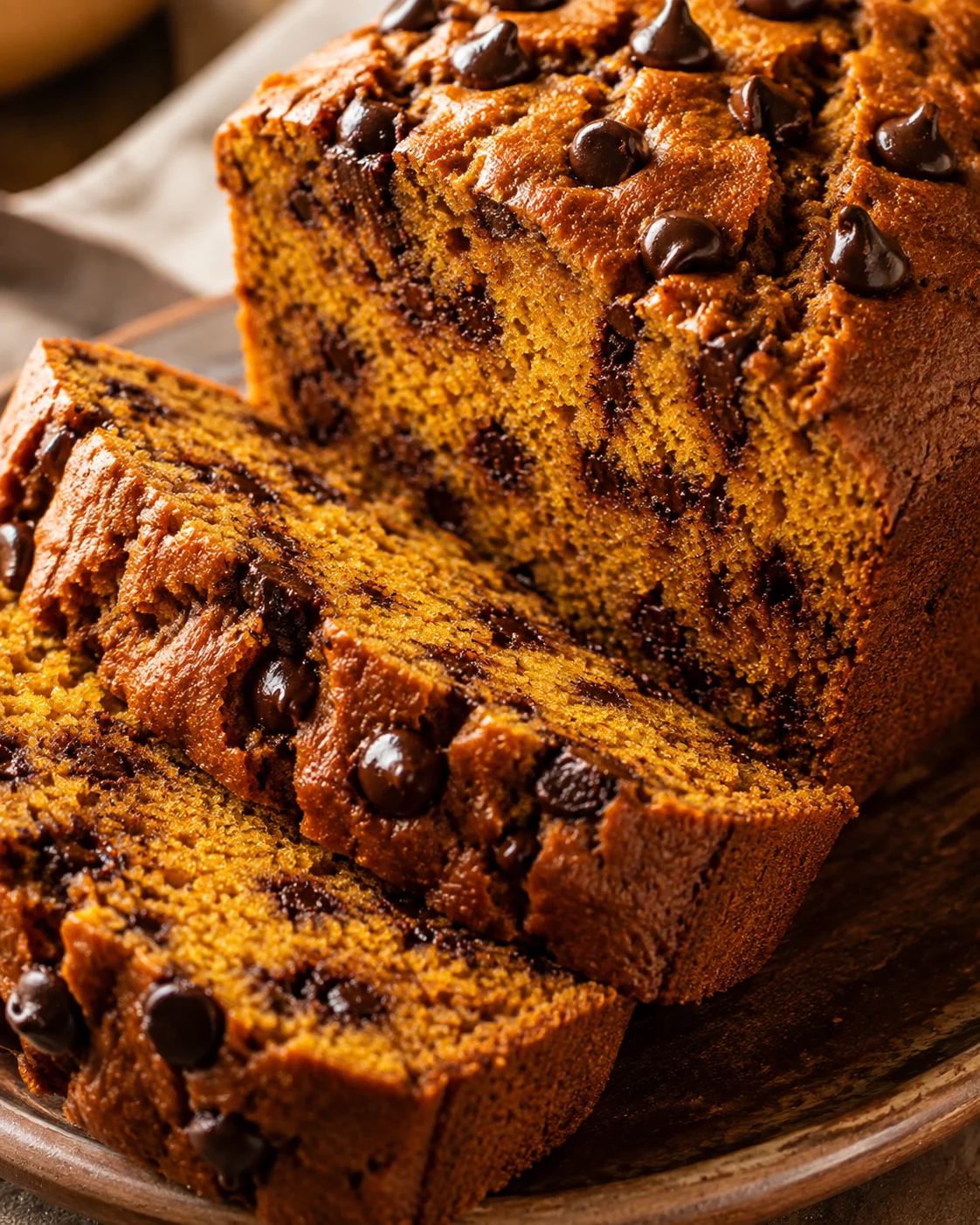 Close-up of moist pumpkin bread with chocolate chips on top and inside.