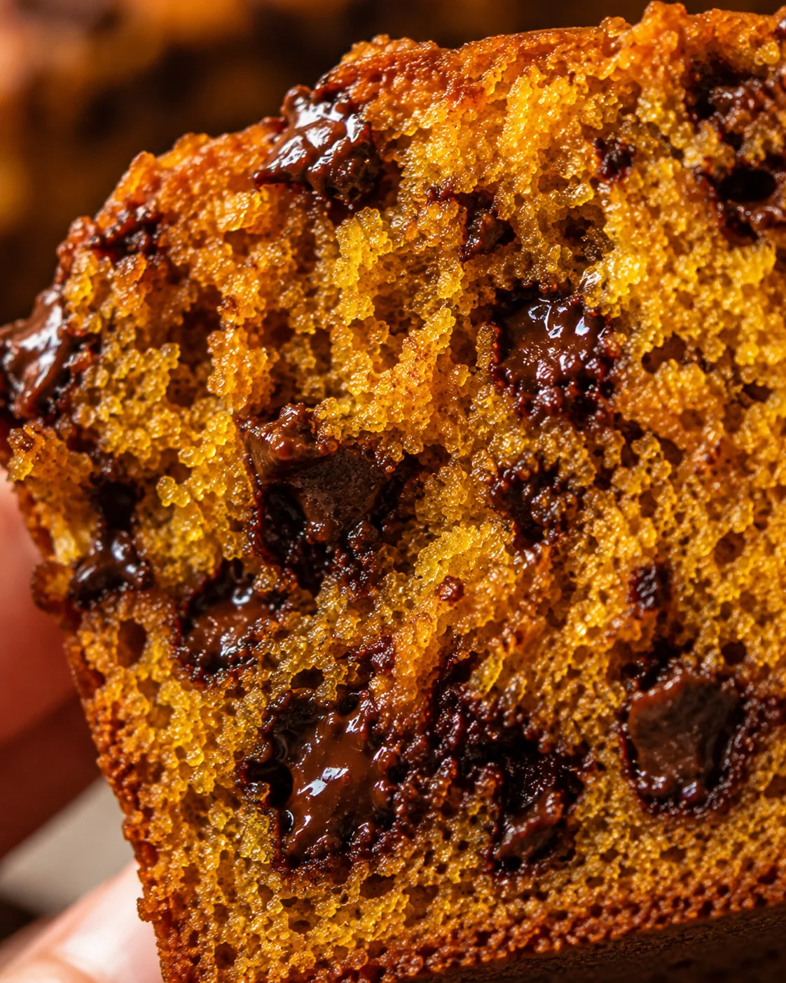 Close-up of moist pumpkin bread filled with chocolate chips, showcasing rich texture.