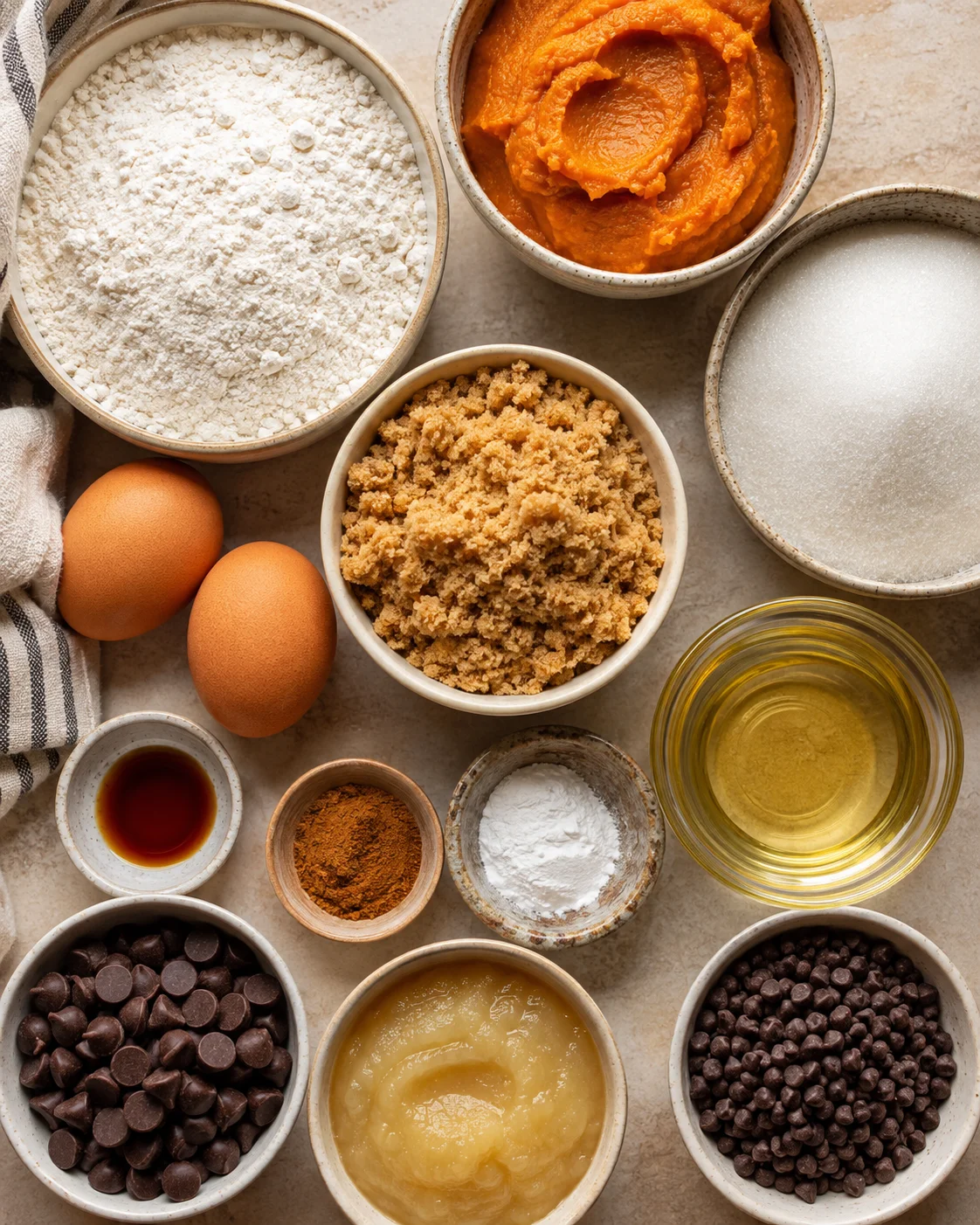 Baking ingredients for pumpkin chocolate chip bread in bowls on a kitchen counter.