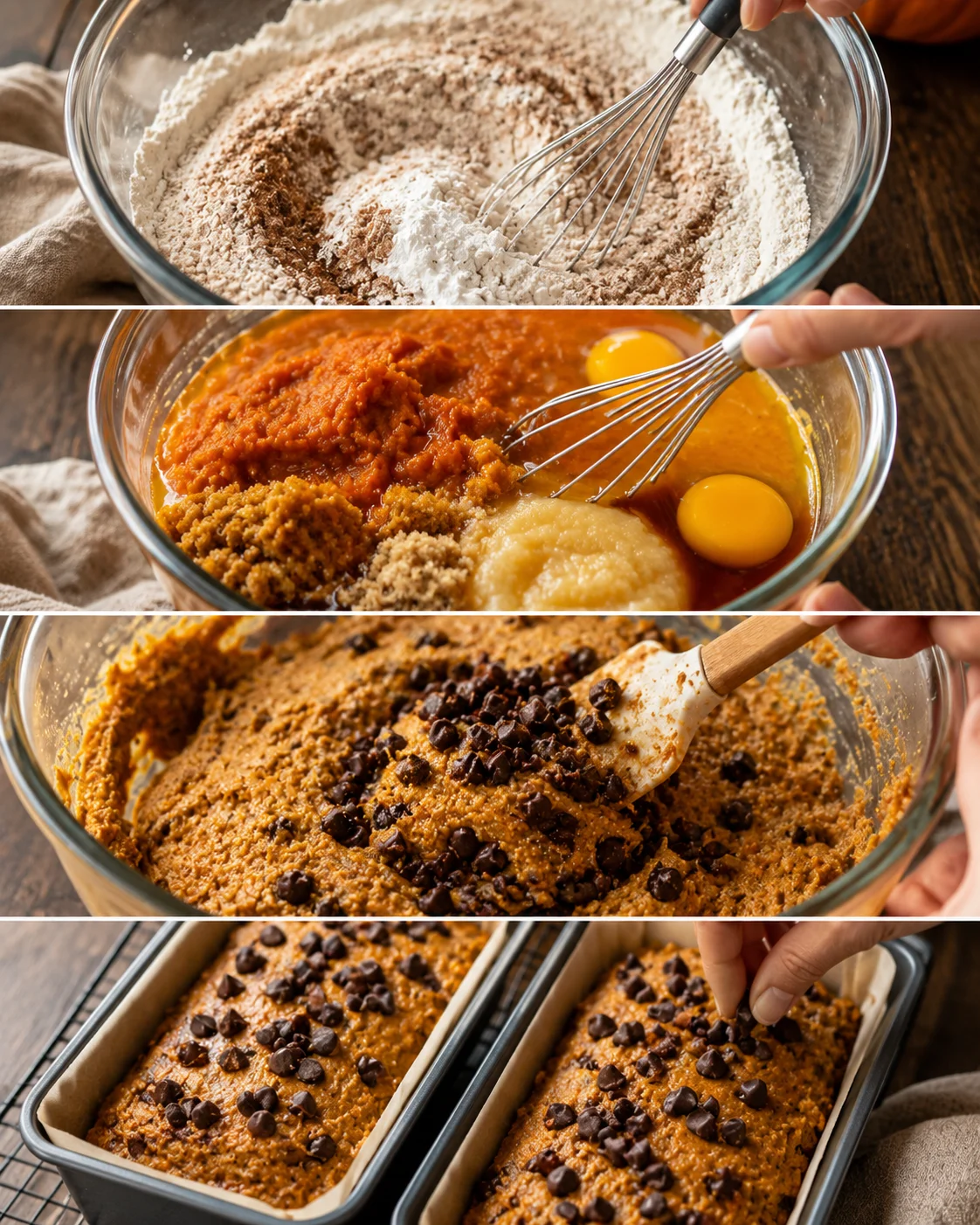 Baking pumpkin chocolate chip bread in a glass mixing bowl with ingredients.