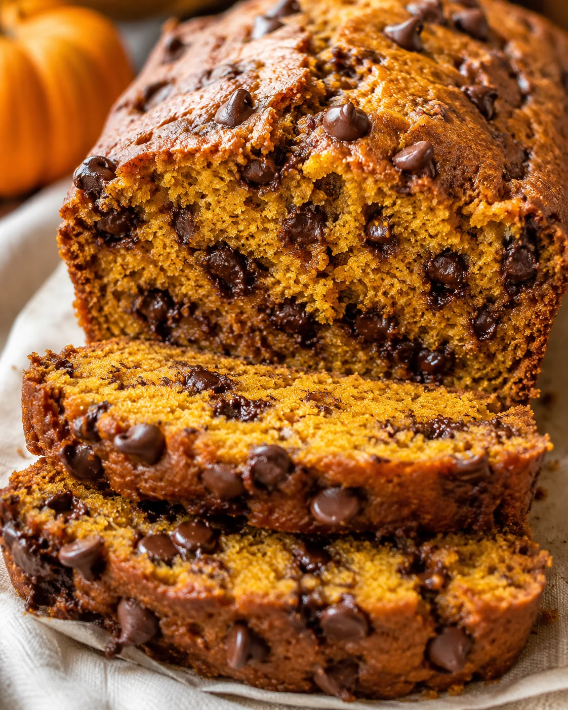 Moist pumpkin bread loaded with chocolate chips and warm fall spices.