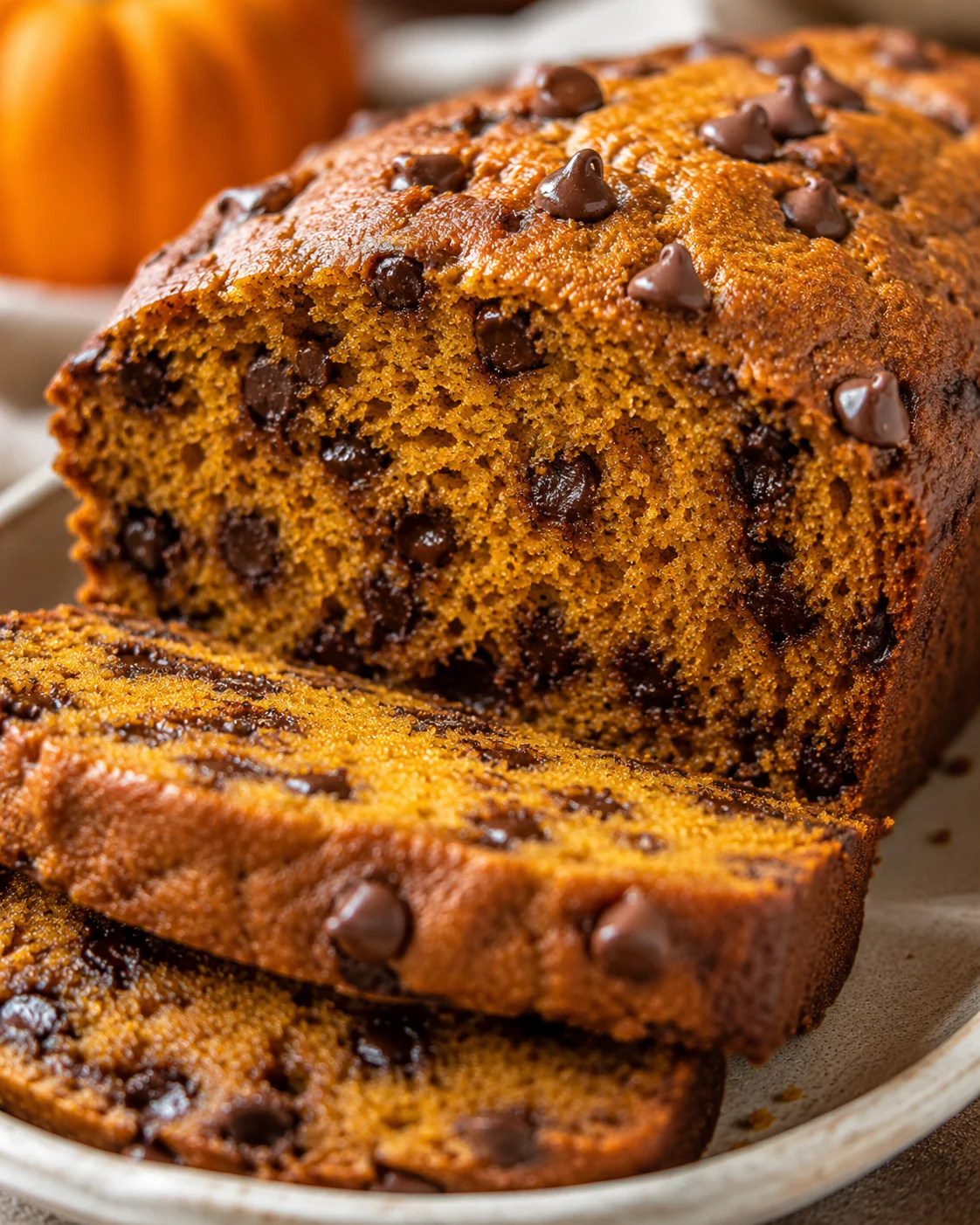 Freshly baked pumpkin bread loaded with chocolate chips and cozy fall spices.