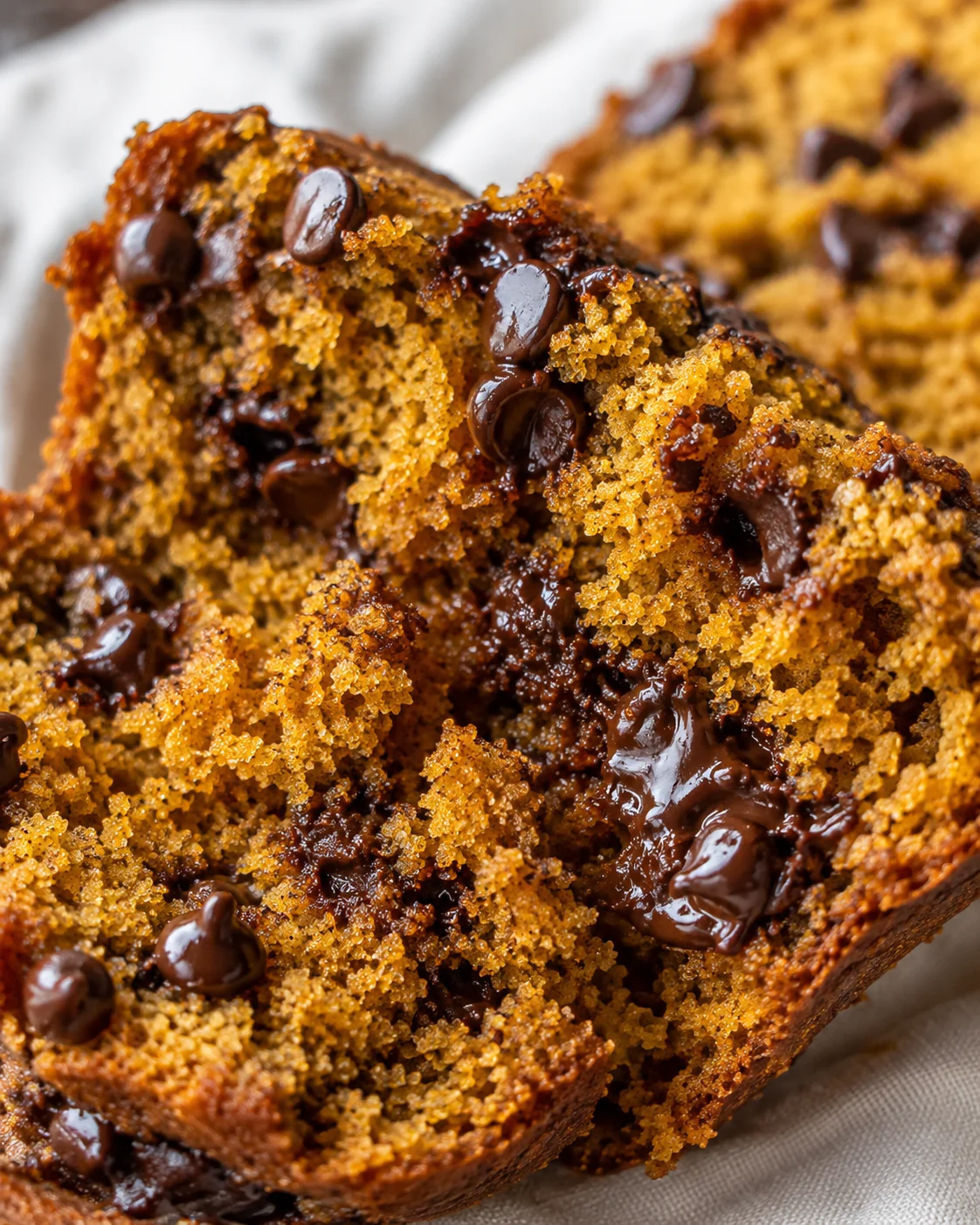 Close-up of moist pumpkin bread loaded with chocolate chips and cozy spices.