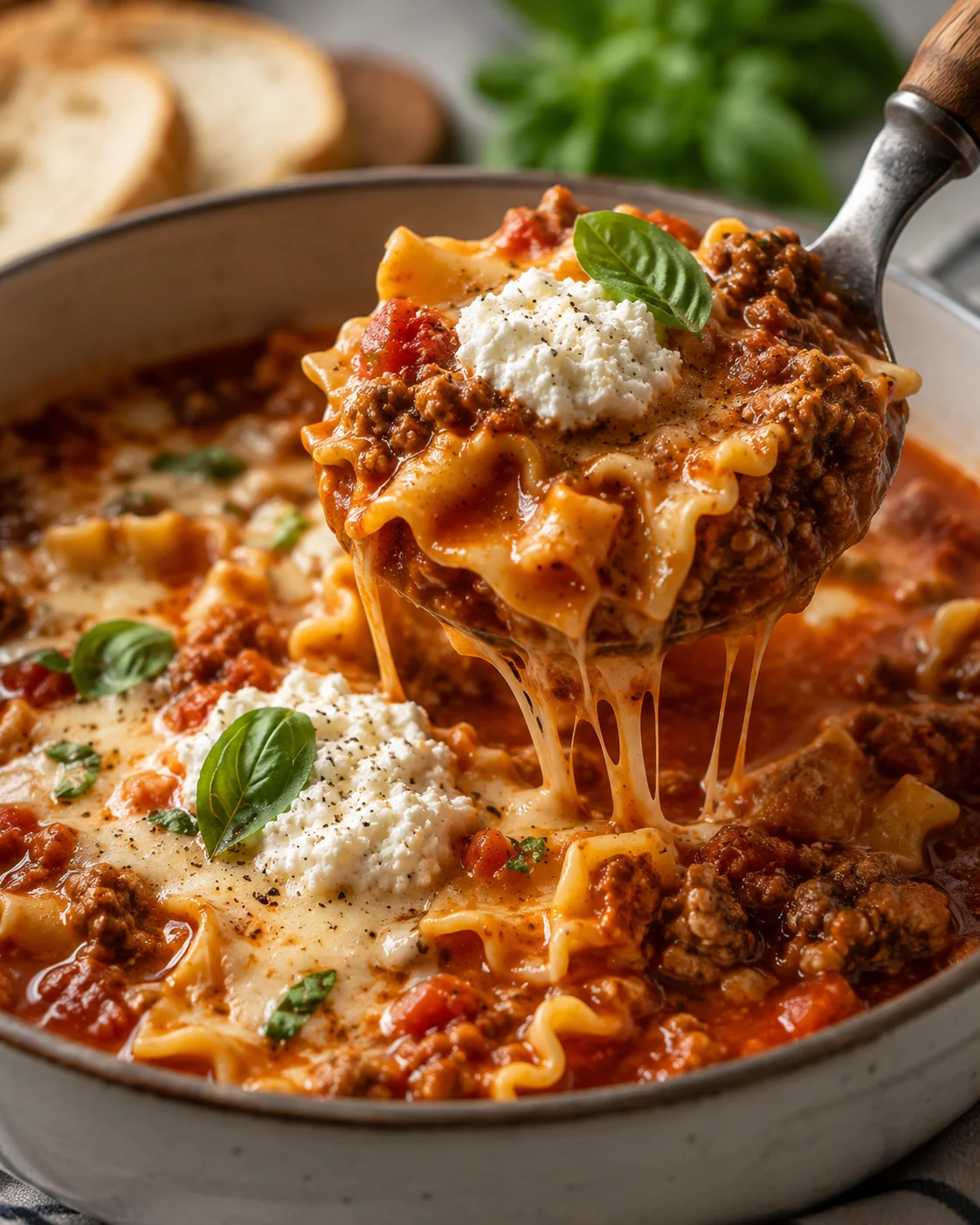 A ladle serving cheesy lasagna soup topped with basil and Parmesan cheese