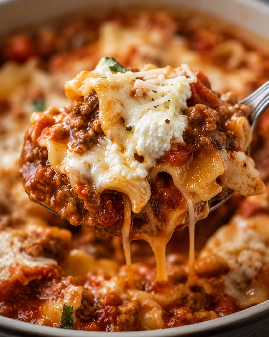 Close-up of a spoonful of cheesy lasagna soup with meat sauce and melted cheese.