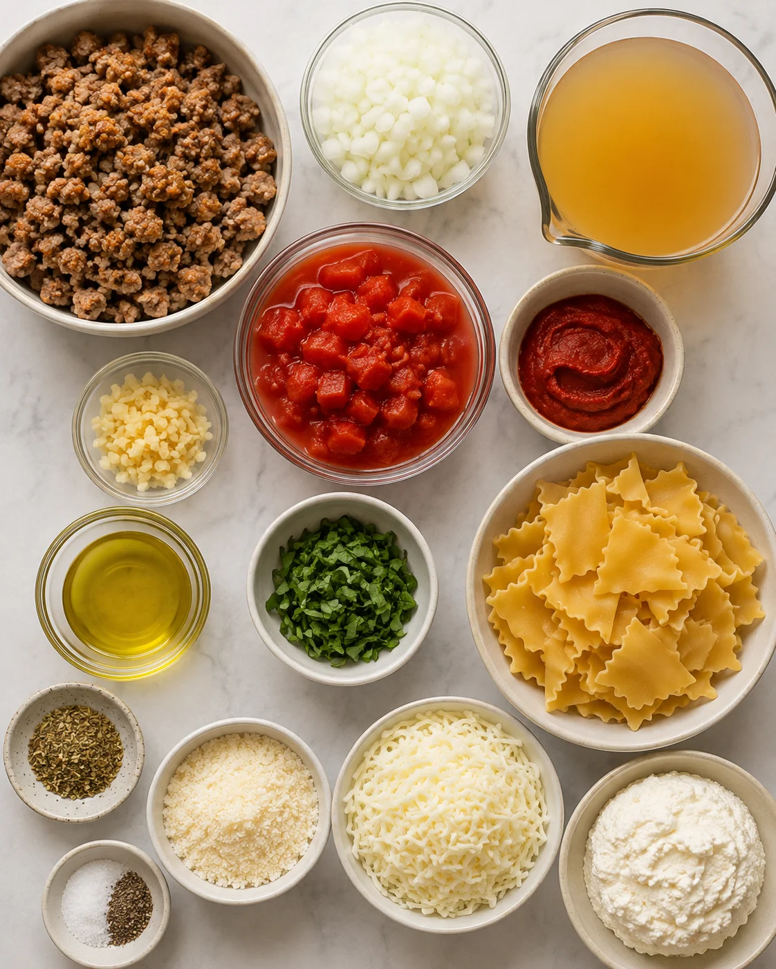 A variety of ingredients including ground beef, pasta, and cheeses for lasagna soup.