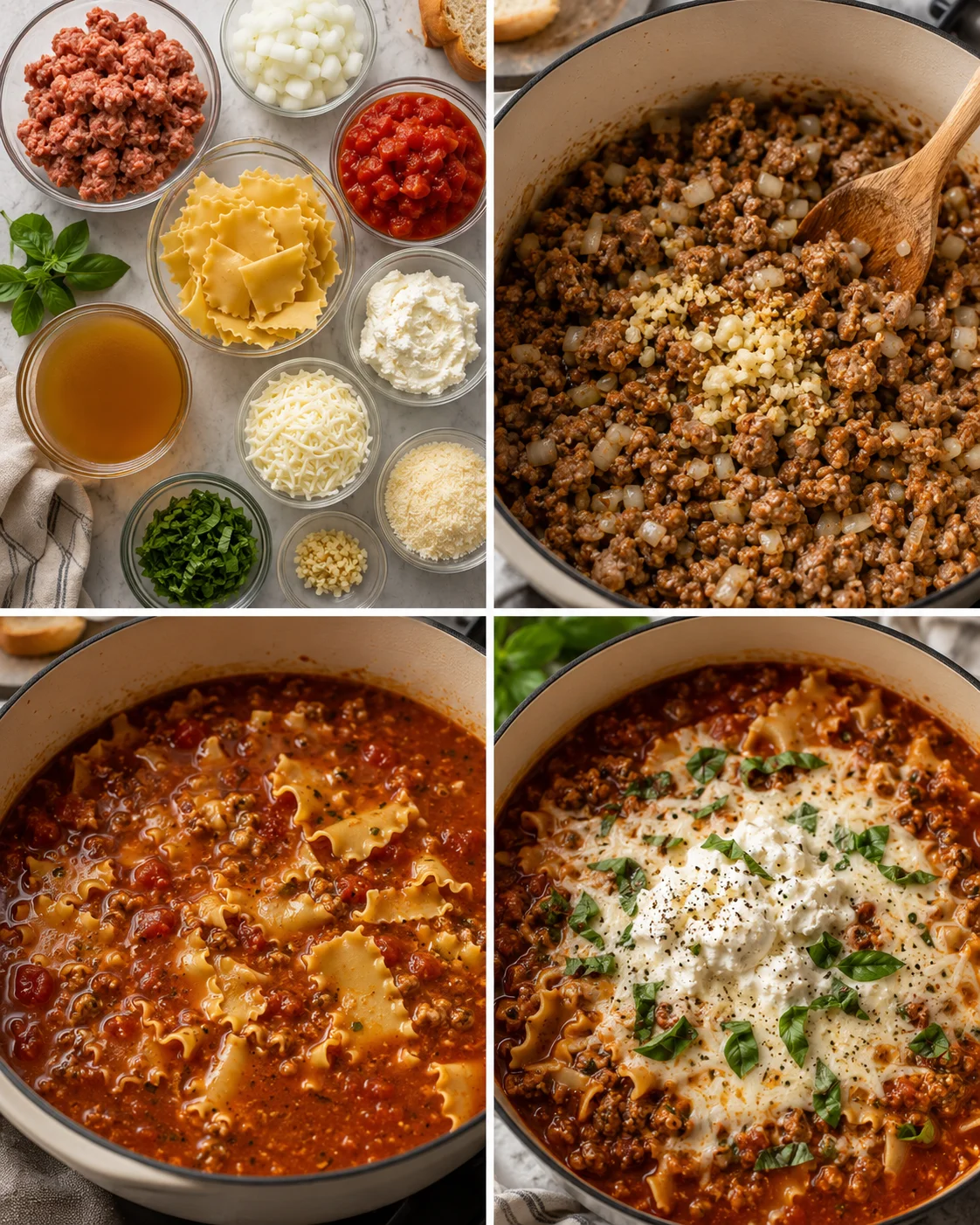 Step-by-step images show ingredients, browning sausage, and the finished cheesy lasagna soup.