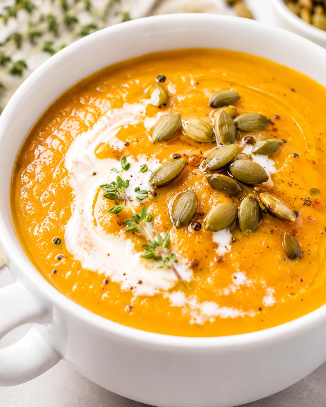Bright orange carrot soup in a white bowl, swirled with cream and topped with pumpkin seeds and thyme.