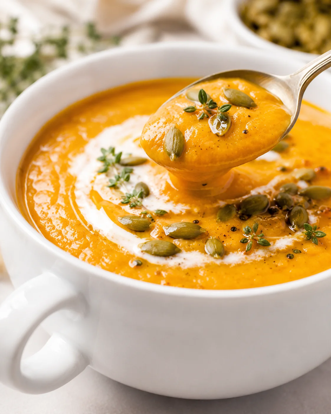 bowl of creamy pumpkin soup with a cream swirl, seeds, and thyme.