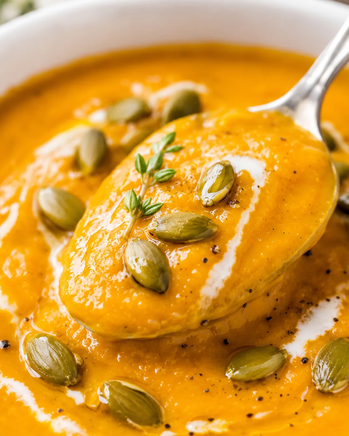Close-up of orange pumpkin soup in a white bowl with pumpkin seeds and a spoon