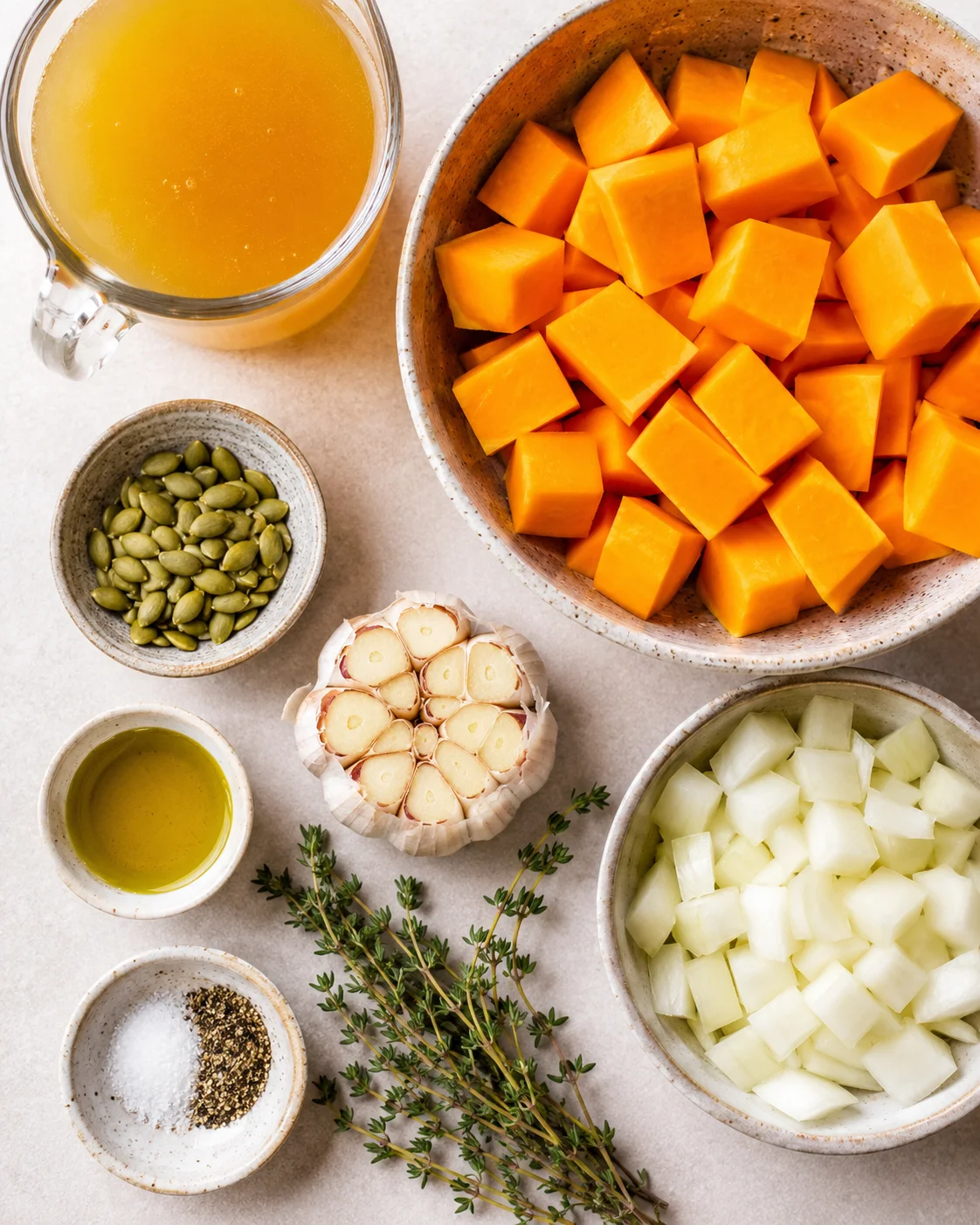 Overhead view of cubed orange squash, diced onions, garlic, olive oil, thyme sprigs, seeds, and bowls on a light countertop.